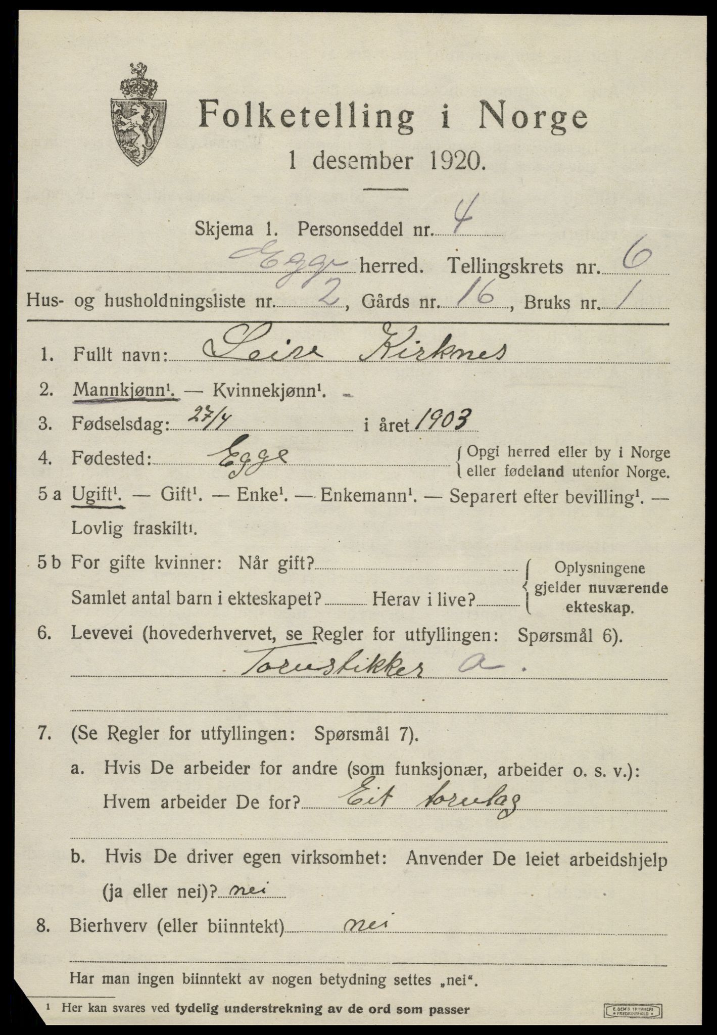 SAT, 1920 census for Egge, 1920, p. 3850