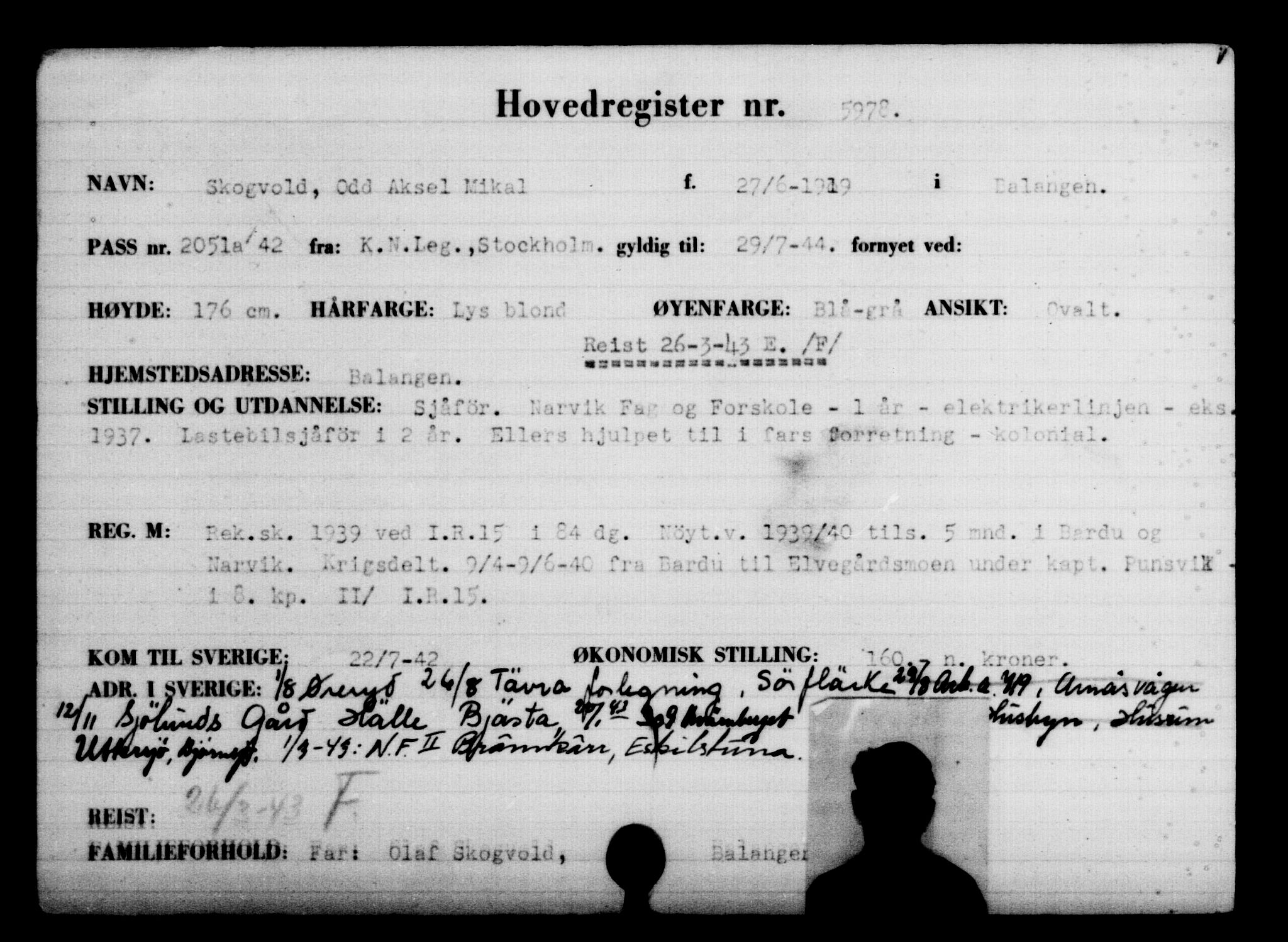 Utenriksstasjonene, Legasjonen i Stockholm, Flyktningkontoret, AV/RA-S-6753/V/Va/L0004: Kjesäterkartoteket, flyktninger med registreringsnr. 3496-6610, 1940-1945, p. 2900