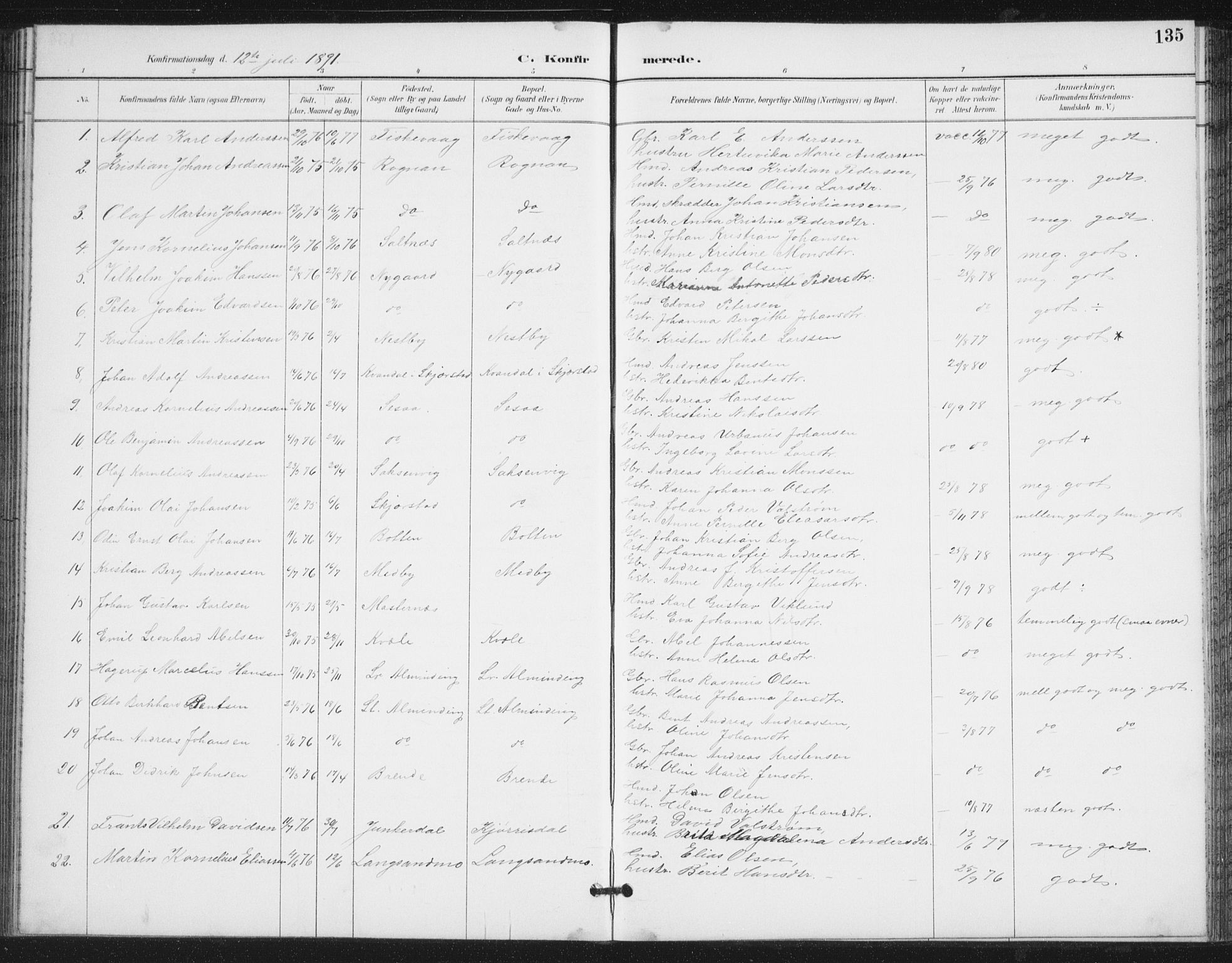 Ministerialprotokoller, klokkerbøker og fødselsregistre - Nordland, SAT/A-1459/847/L0682: Parish register (copy) no. 847C10, 1889-1907, p. 135