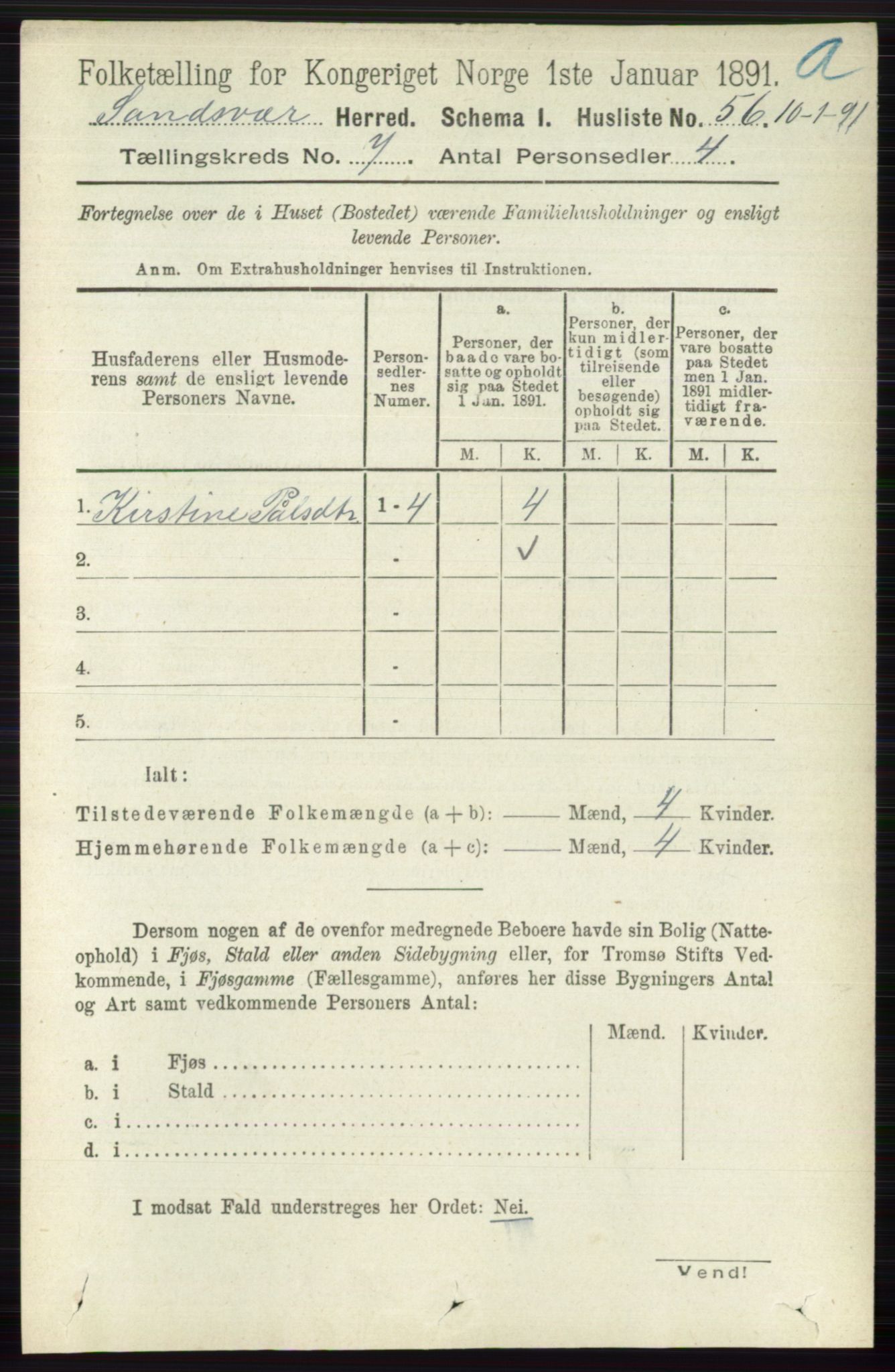 RA, 1891 census for 0629 Sandsvær, 1891, p. 3976