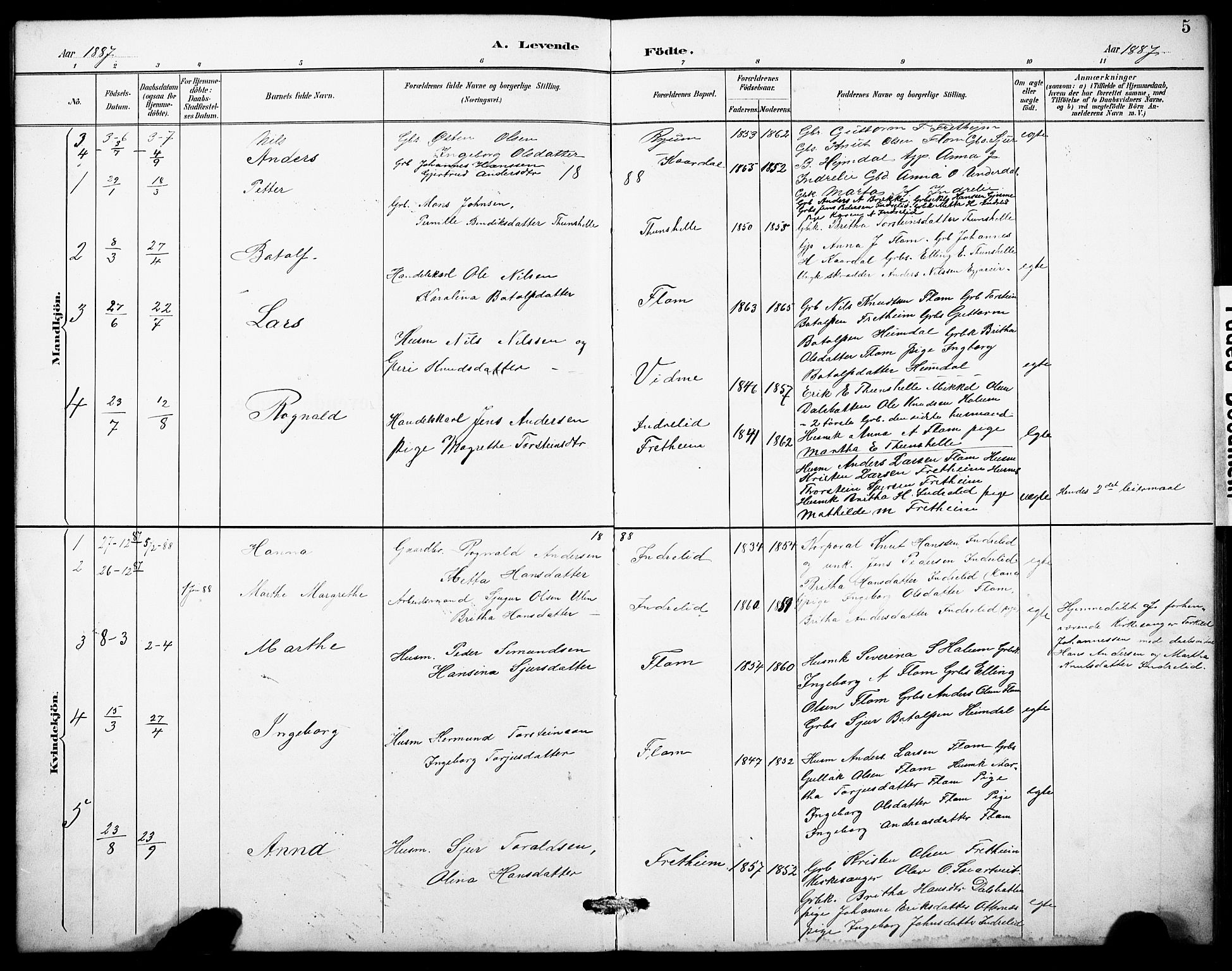 Aurland sokneprestembete, SAB/A-99937/H/Hb/Hbb/L0002: Parish register (copy) no. B 2, 1887-1929, p. 5