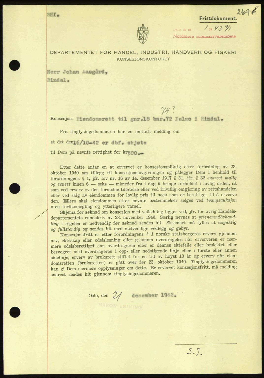 Nordmøre sorenskriveri, AV/SAT-A-4132/1/2/2Ca: Mortgage book no. B90, 1942-1943, Diary no: : 1/1943