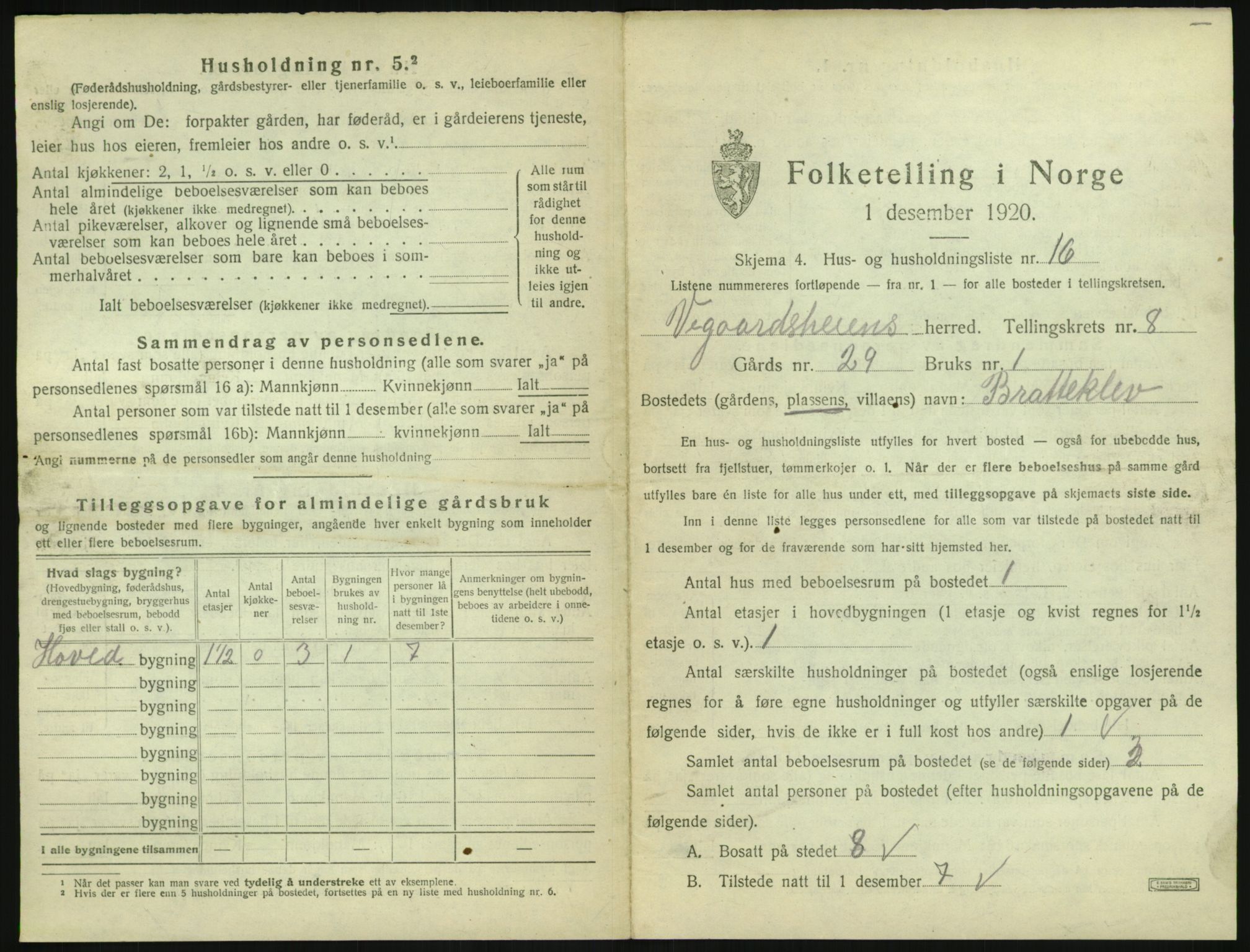 SAK, 1920 census for Vegårshei, 1920, p. 446