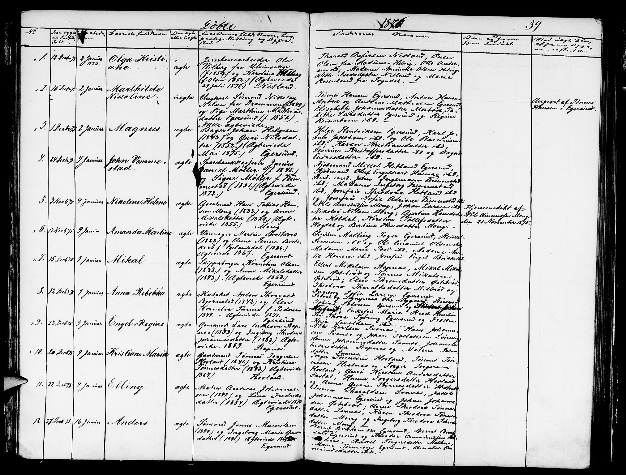 Eigersund sokneprestkontor, SAST/A-101807/S09/L0005: Parish register (copy) no. B 5, 1872-1881, p. 39