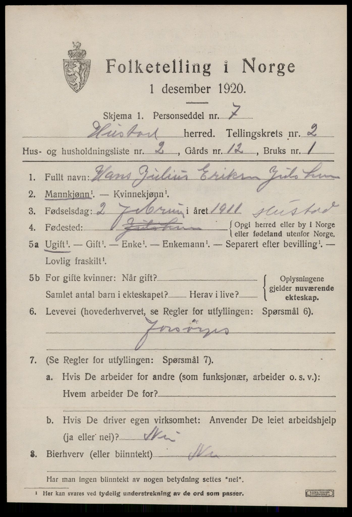 SAT, 1920 census for Hustad, 1920, p. 1547