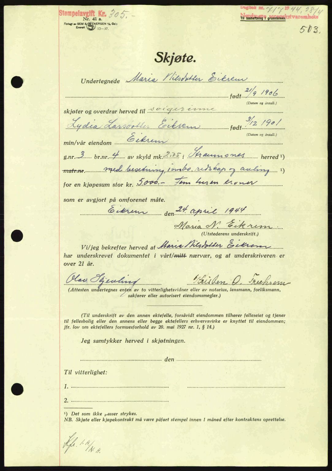 Nordmøre sorenskriveri, AV/SAT-A-4132/1/2/2Ca: Mortgage book no. A97, 1944-1944, Diary no: : 717/1944