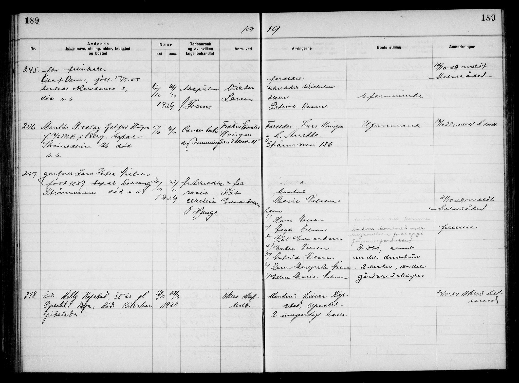 Aker kriminaldommer, skifte- og auksjonsforvalterembete, AV/SAO-A-10452/H/Hb/Hba/Hbac/L0002: Dødsfallsprotokoll for Østre Aker, 1927-1931, p. 189