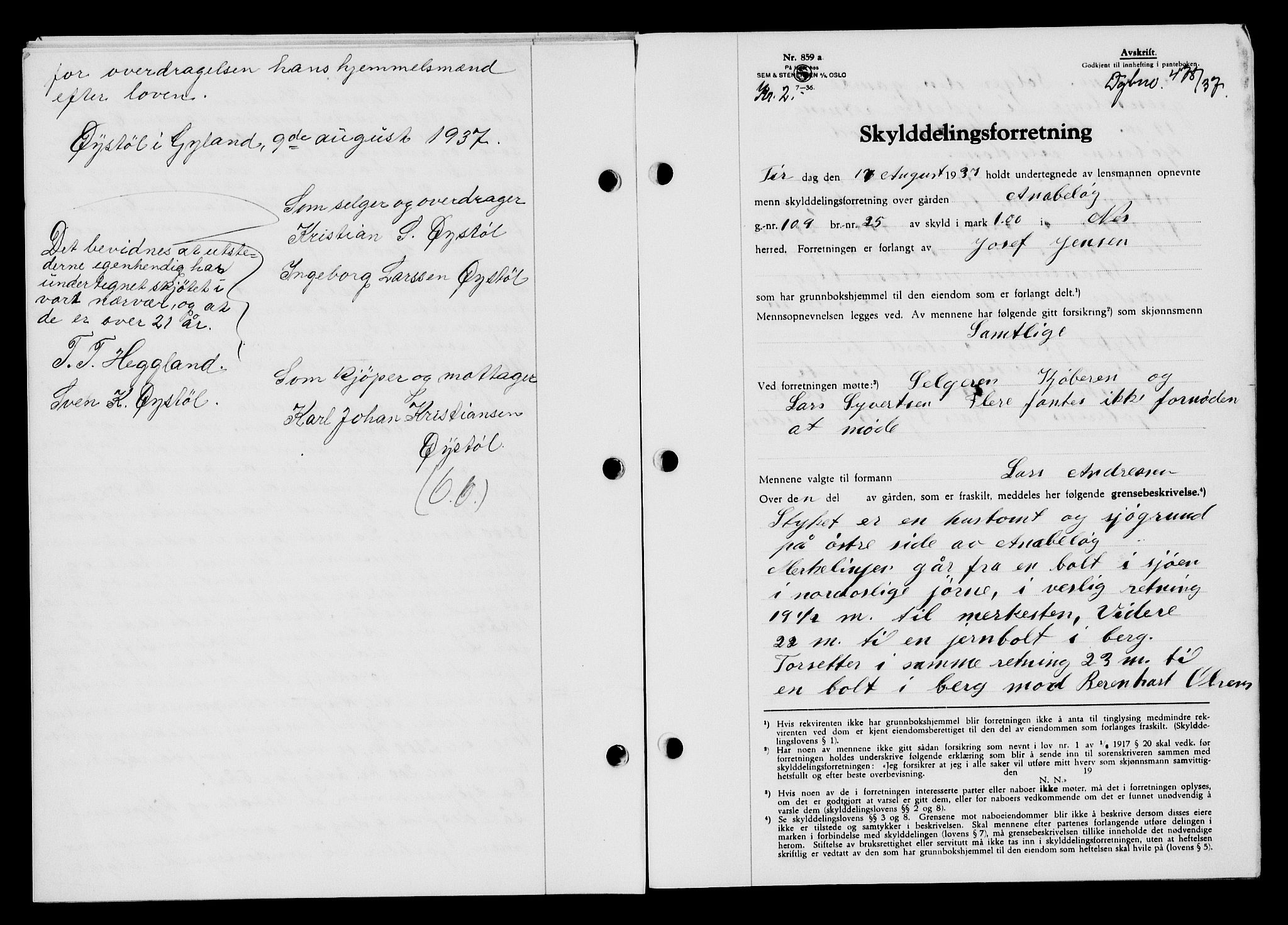 Flekkefjord sorenskriveri, SAK/1221-0001/G/Gb/Gba/L0053: Mortgage book no. A-1, 1936-1937, Diary no: : 478/1937