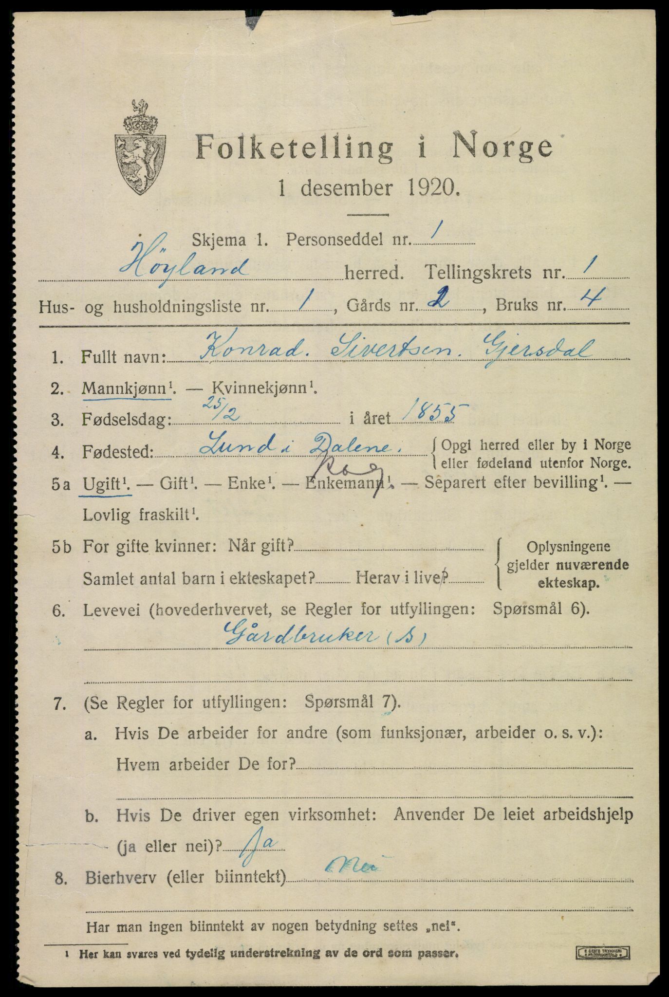 SAST, 1920 census for Høyland, 1920, p. 2432