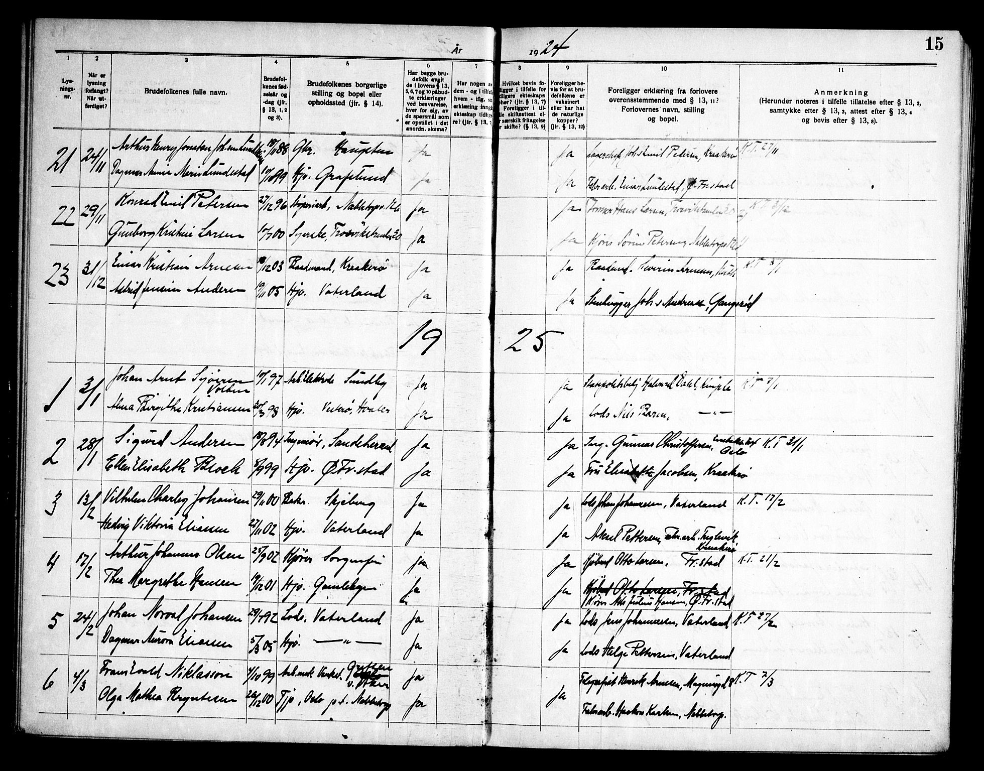 Østre Fredrikstad prestekontor Kirkebøker, AV/SAO-A-10907/H/Ha/L0001: Banns register no. 1, 1919-1951, p. 15