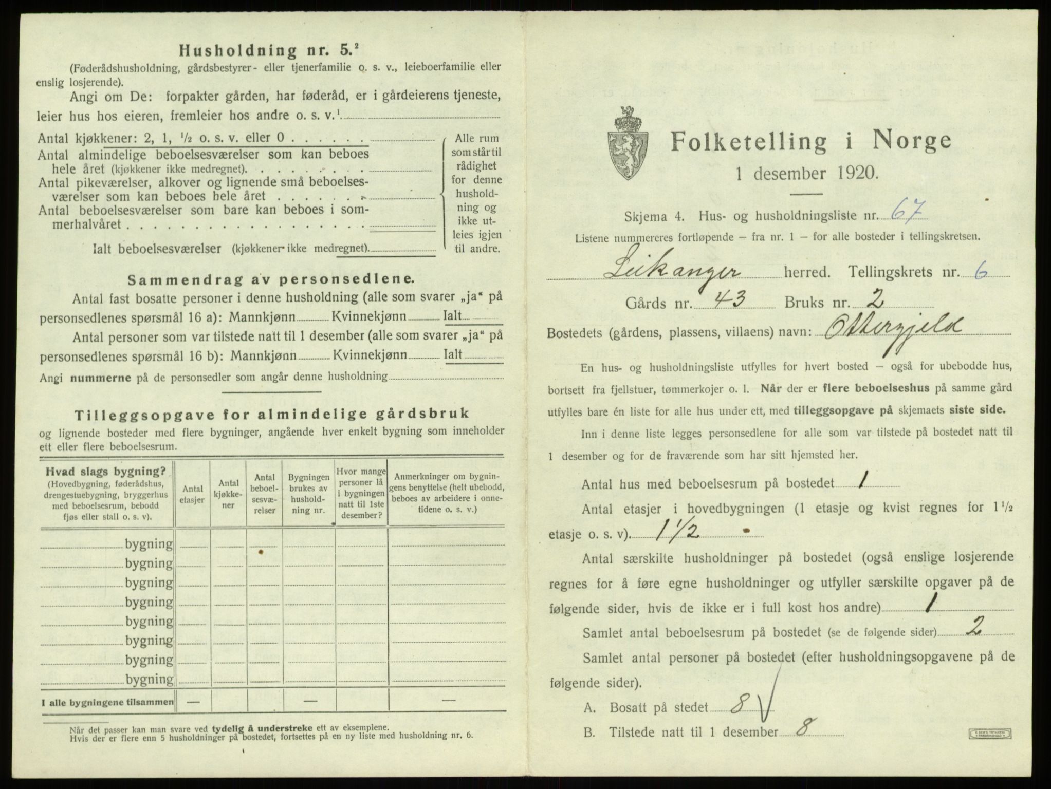 SAB, 1920 census for Leikanger, 1920, p. 691