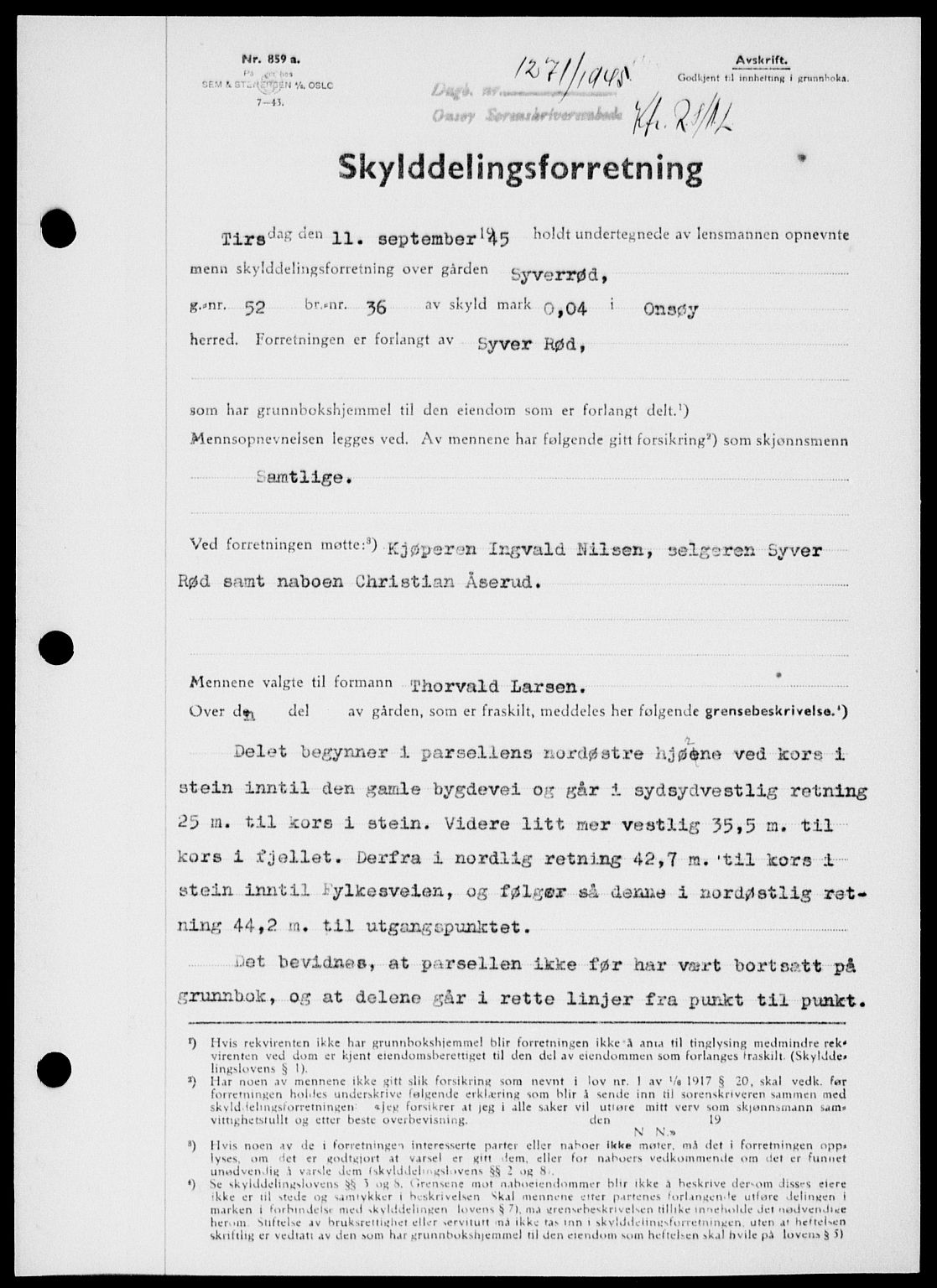 Onsøy sorenskriveri, SAO/A-10474/G/Ga/Gab/L0015: Mortgage book no. II A-15, 1945-1946, Diary no: : 1271/1945