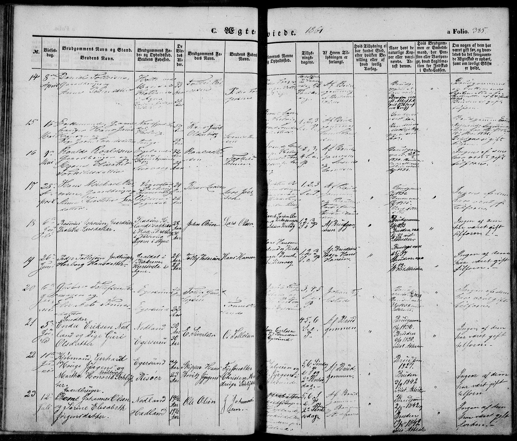 Eigersund sokneprestkontor, SAST/A-101807/S08/L0013: Parish register (official) no. A 12.2, 1850-1865, p. 385