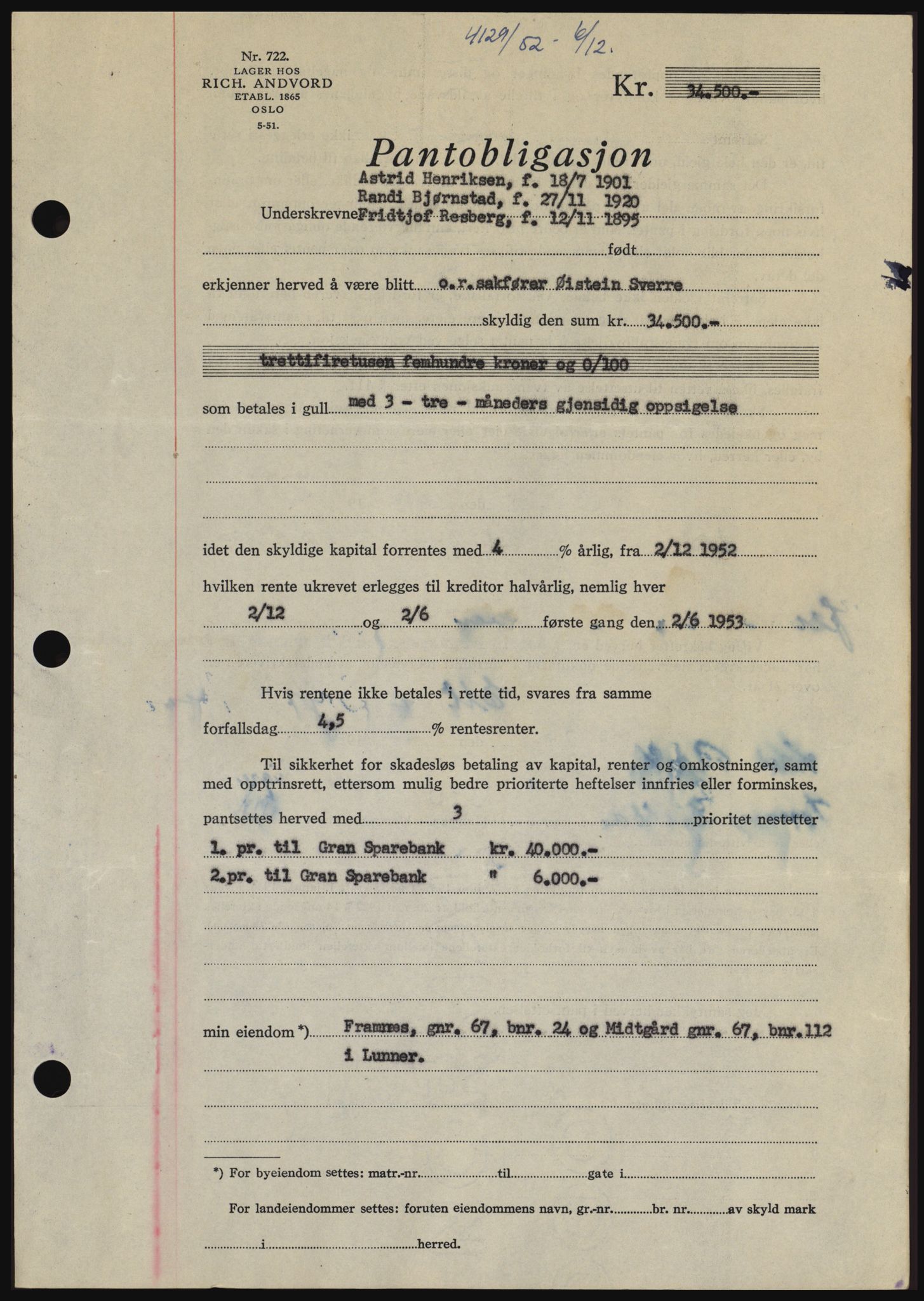 Hadeland og Land tingrett, AV/SAH-TING-010/H/Hb/Hbc/L0025: Mortgage book no. B25, 1952-1953, Diary no: : 4129/1952