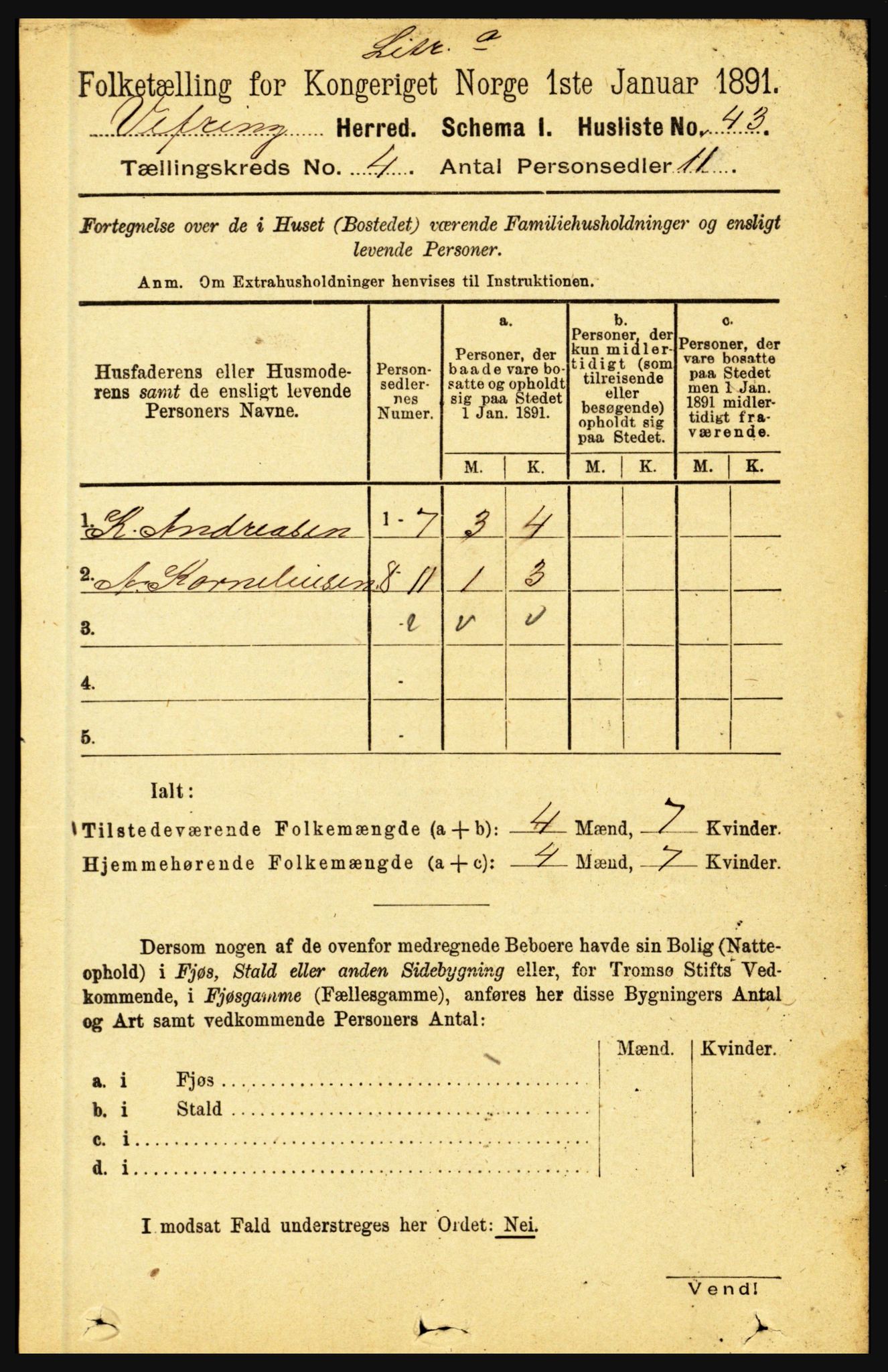 RA, 1891 census for 1434 Vevring, 1891, p. 1191