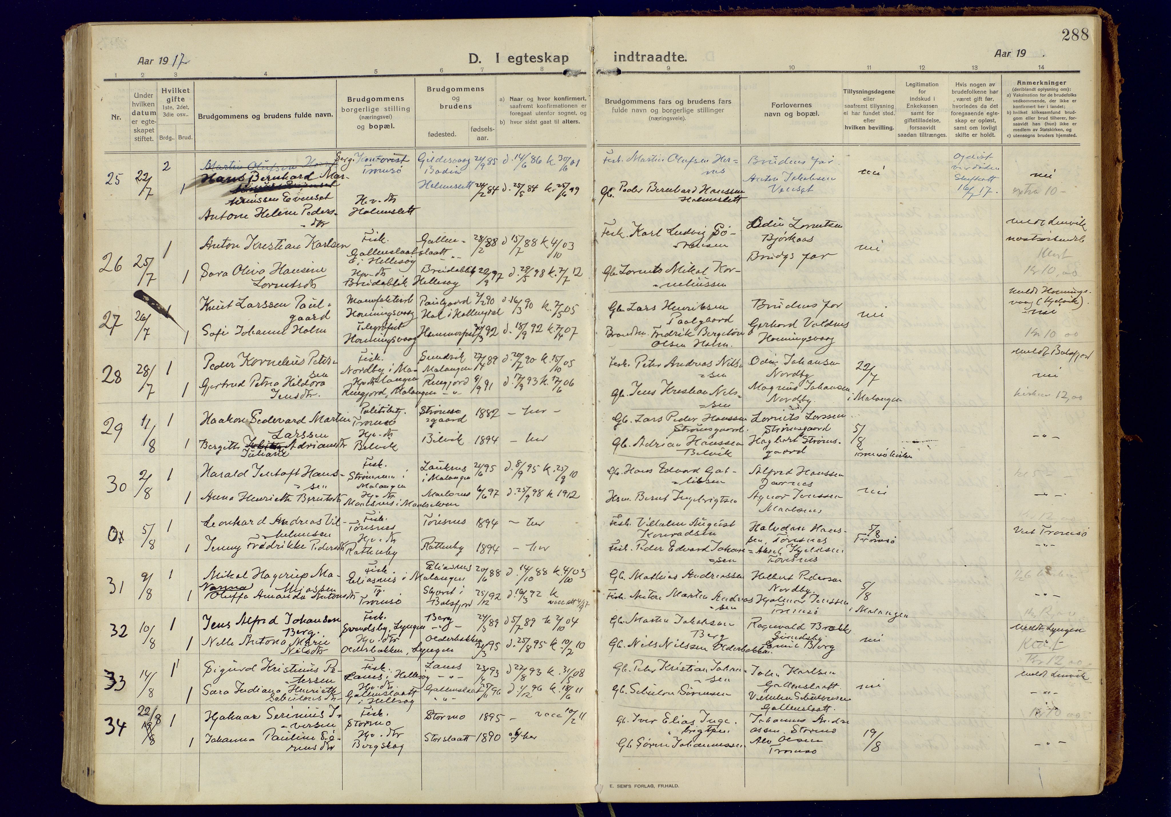 Tromsøysund sokneprestkontor, AV/SATØ-S-1304/G/Ga/L0008kirke: Parish register (official) no. 8, 1914-1922, p. 288