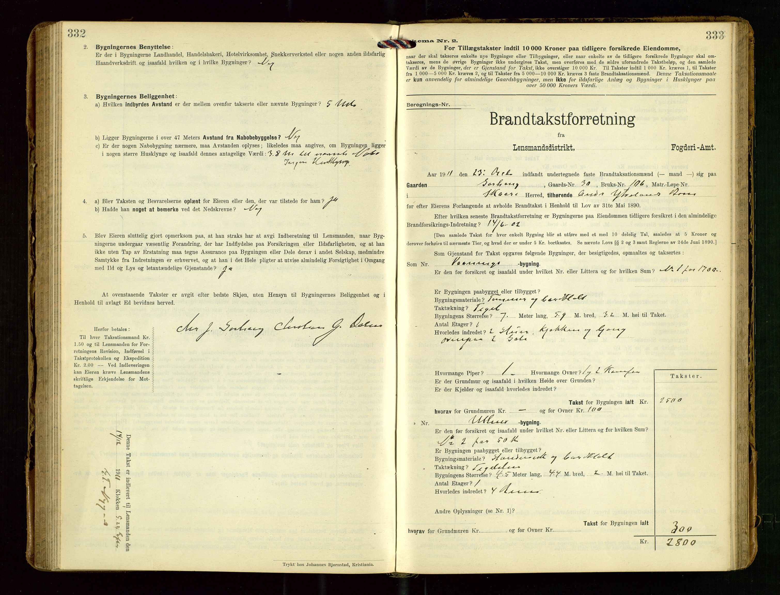 Torvestad lensmannskontor, SAST/A-100307/1/Gob/L0004: "Brandtaxationsprotokol for Torvestad Lensmannsdistrikt", 1909-1923, p. 332-333