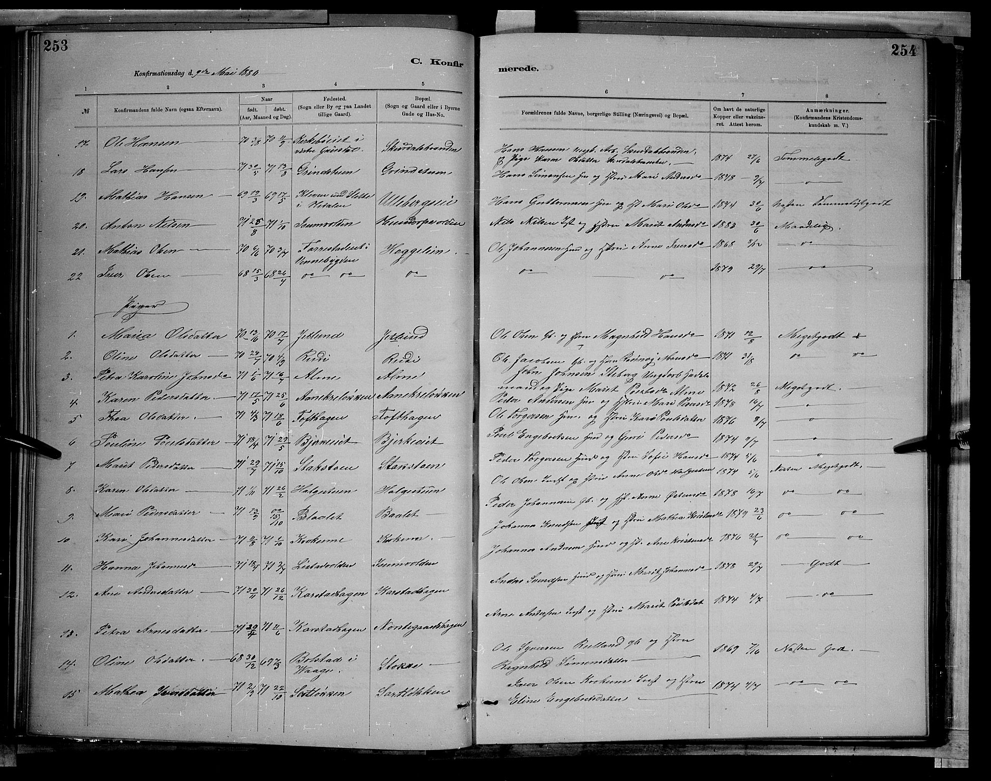 Sør-Fron prestekontor, SAH/PREST-010/H/Ha/Hab/L0003: Parish register (copy) no. 3, 1884-1896, p. 253-254