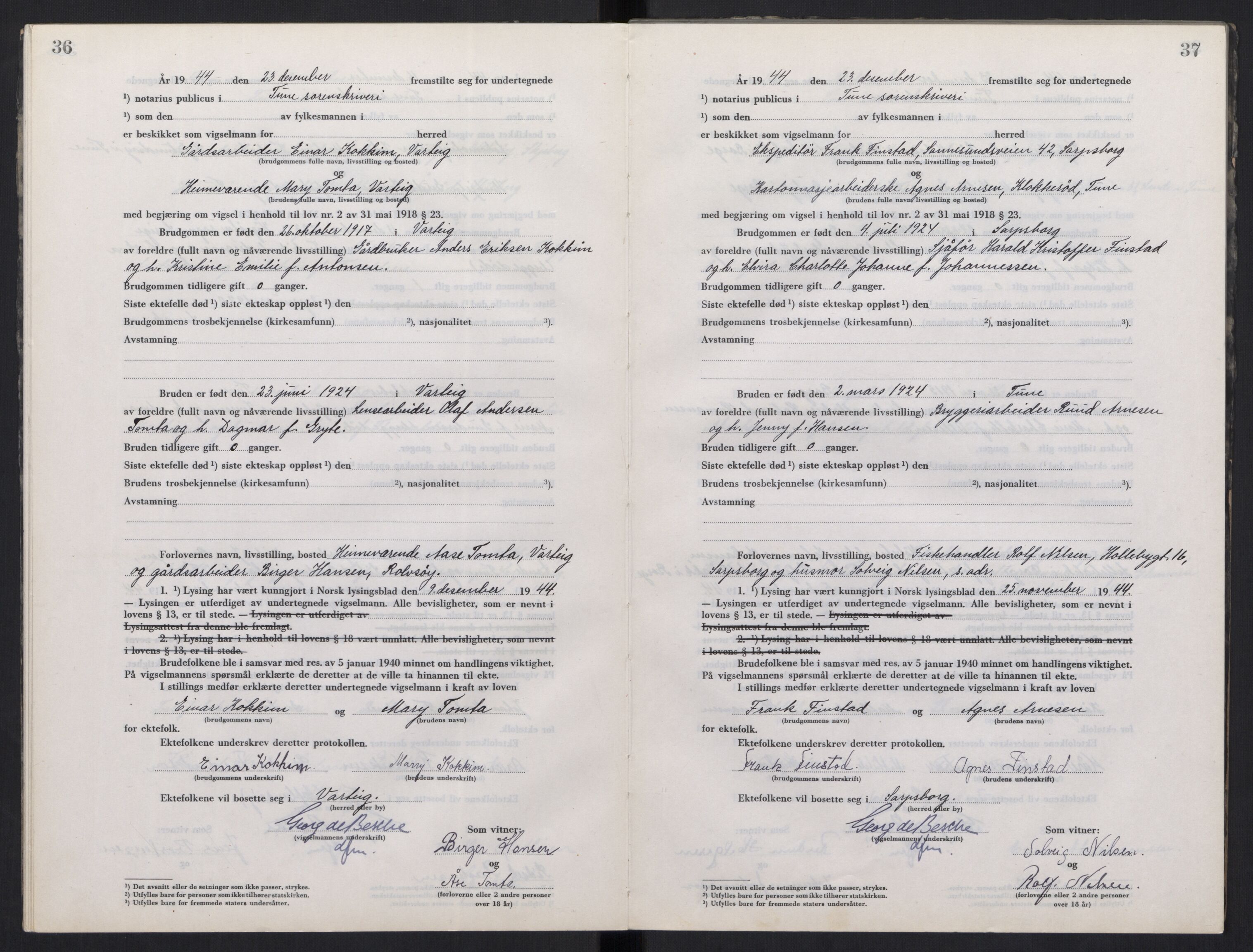 Tune sorenskriveri, AV/SAO-A-10470/L/Lb/L0003: Vigselprotokoll, 1944-1951, p. 36-37