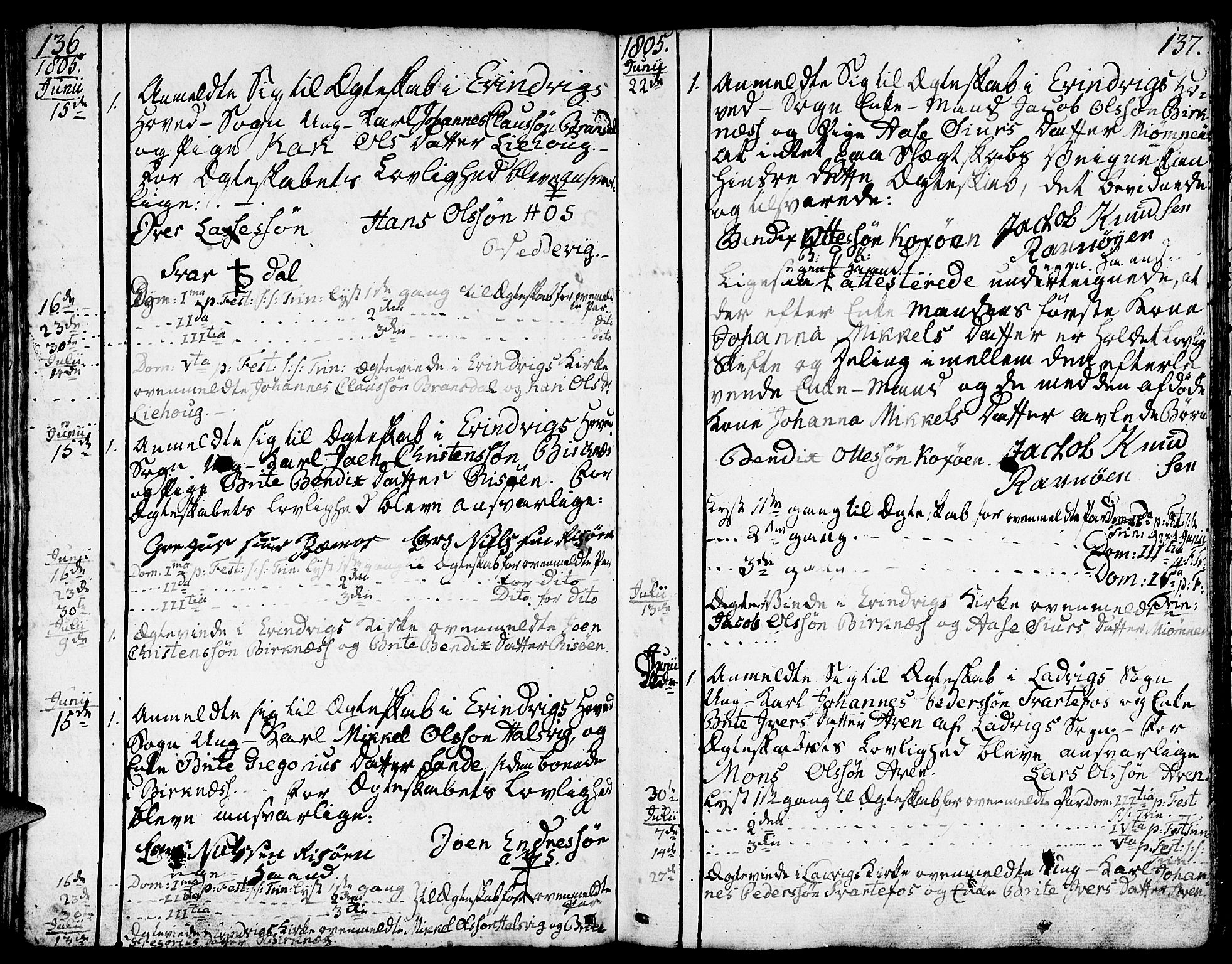 Gulen sokneprestembete, SAB/A-80201/H/Haa/Haaa/L0016: Parish register (official) no. A 16, 1798-1808, p. 136-137
