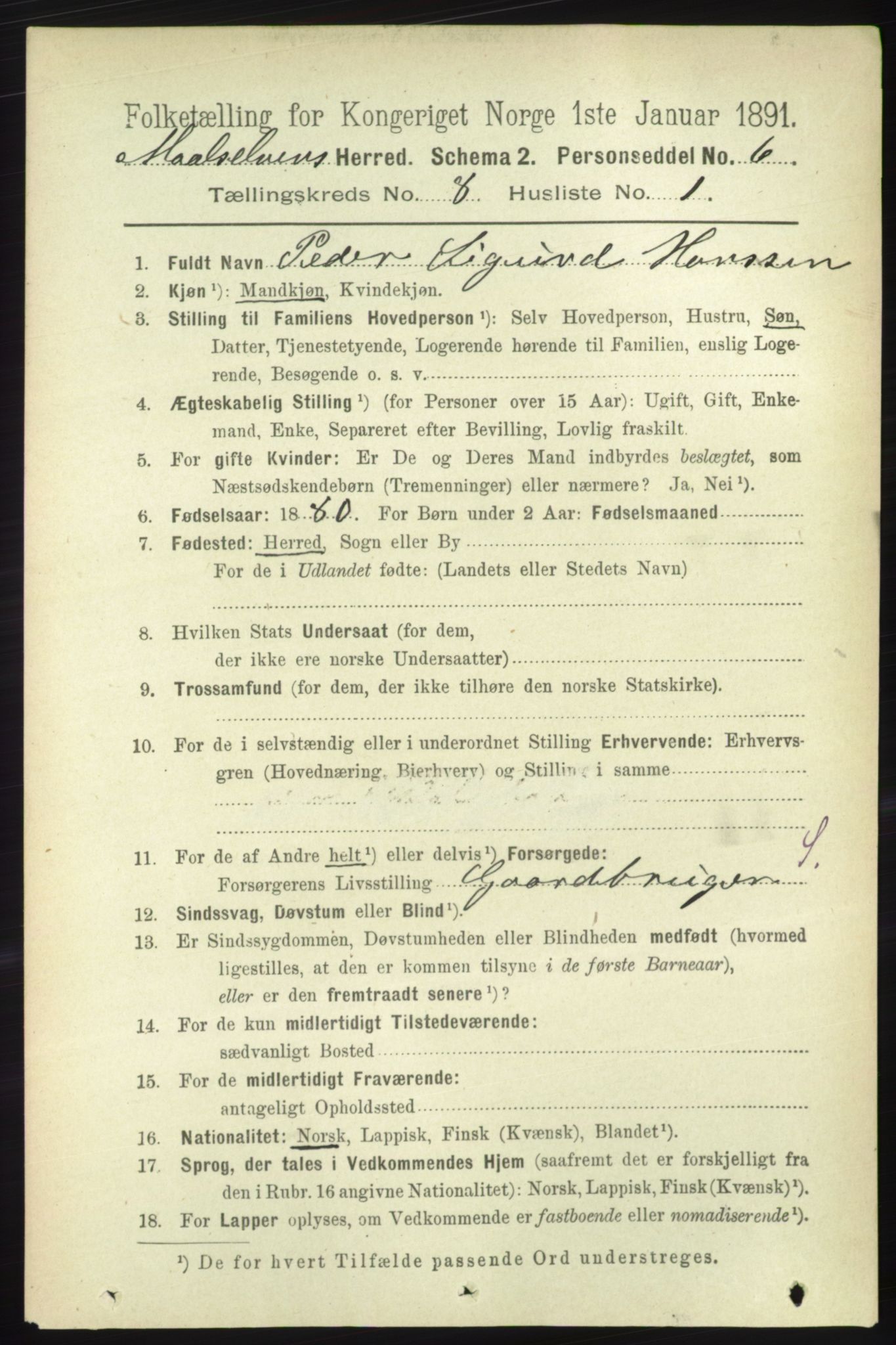 RA, 1891 census for 1924 Målselv, 1891, p. 2533