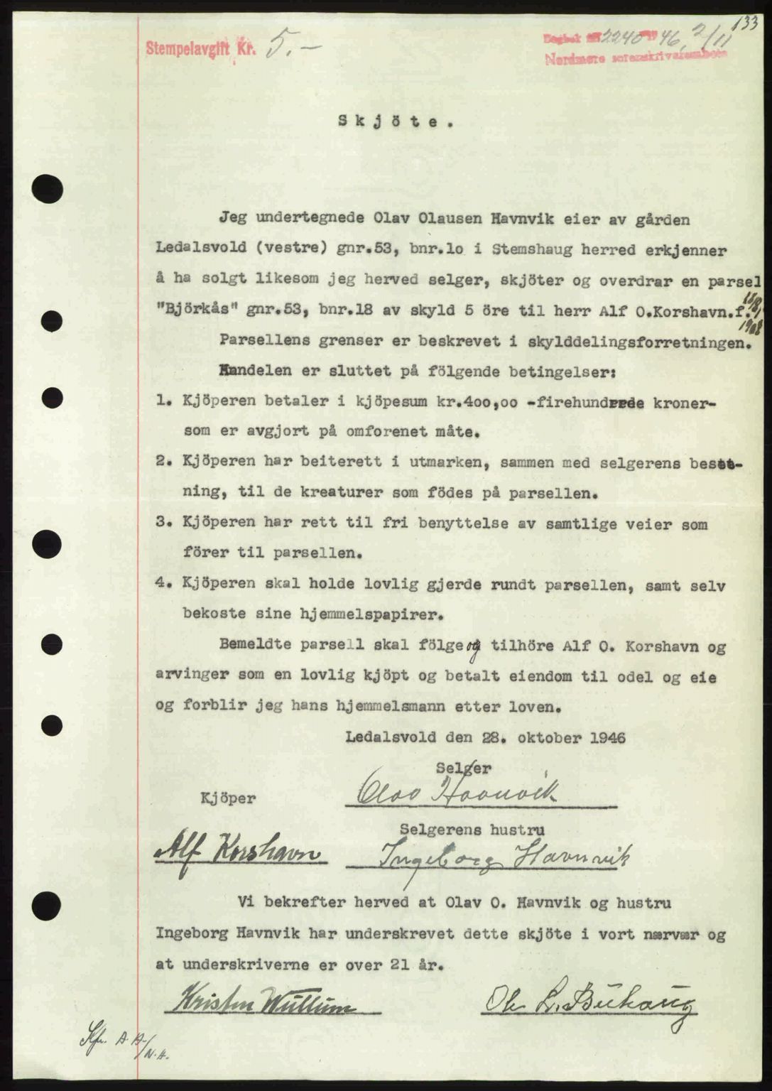 Nordmøre sorenskriveri, AV/SAT-A-4132/1/2/2Ca: Mortgage book no. A103, 1946-1947, Diary no: : 2240/1946