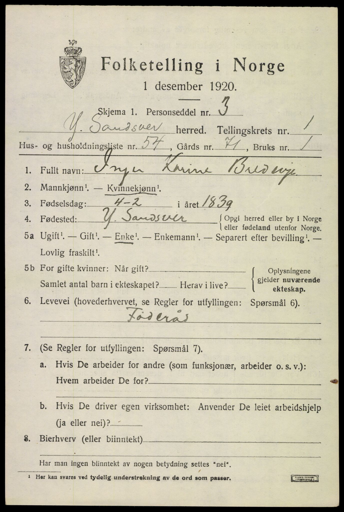 SAKO, 1920 census for Ytre Sandsvær, 1920, p. 1720