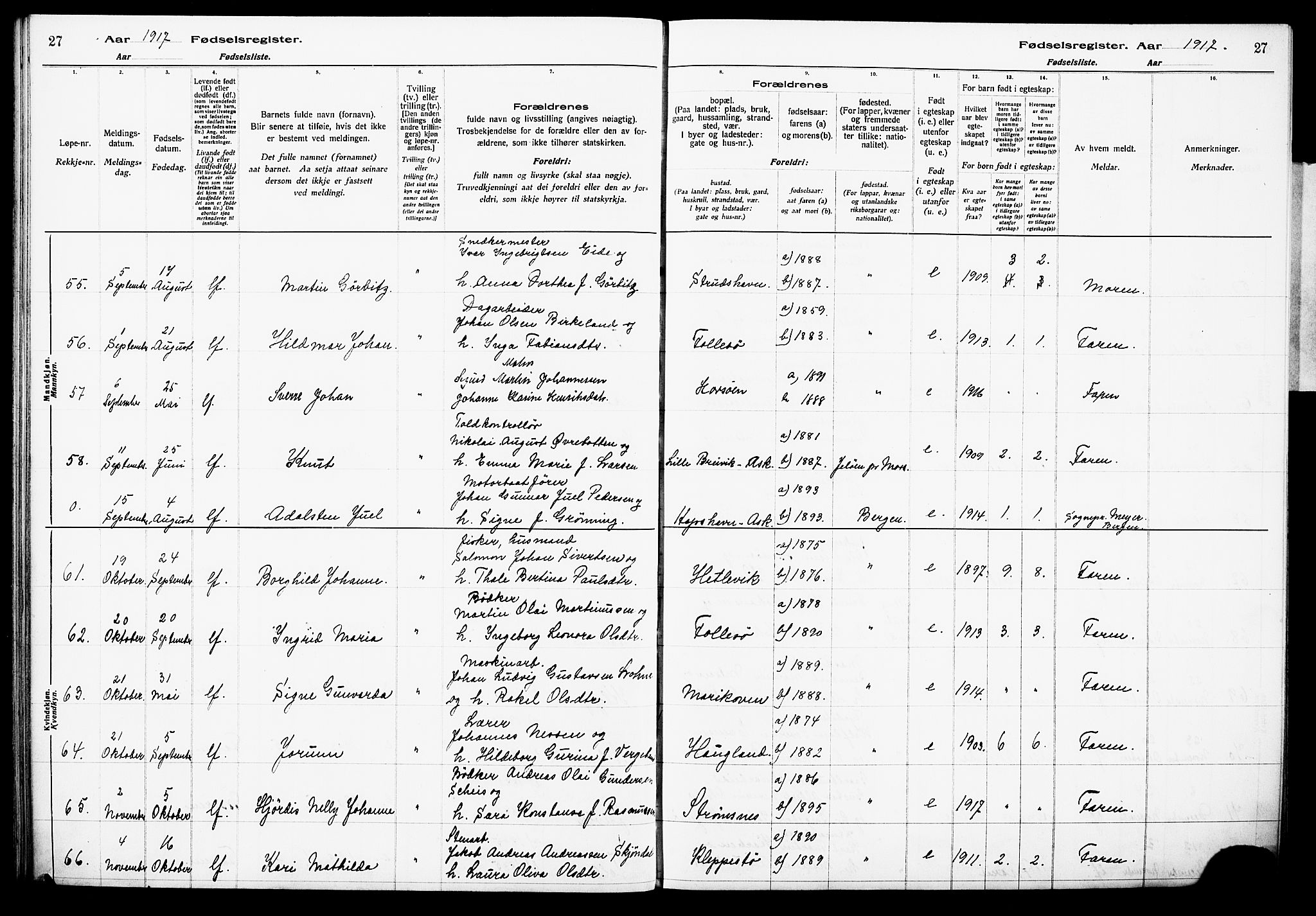 Askøy Sokneprestembete, AV/SAB-A-74101/I/Id/L00A1: Birth register no. A 1, 1916-1928, p. 27