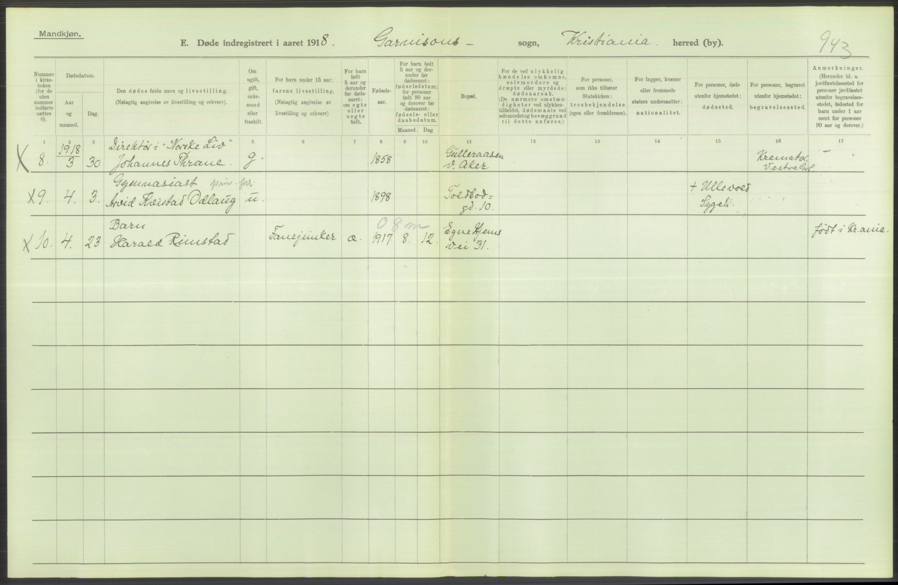 Statistisk sentralbyrå, Sosiodemografiske emner, Befolkning, AV/RA-S-2228/D/Df/Dfb/Dfbh/L0011: Kristiania: Døde, dødfødte, 1918, p. 228