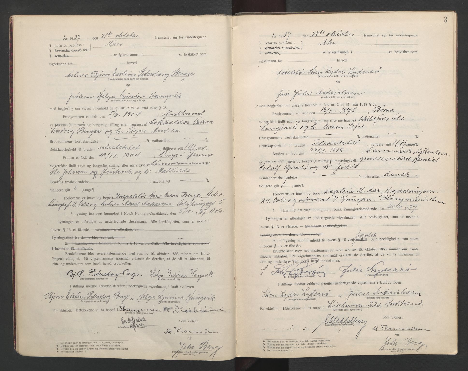 Aker sorenskriveri, AV/SAO-A-10895/L/Lc/Lcb/L0010: Vigselprotokoll, 1937-1938, p. 3