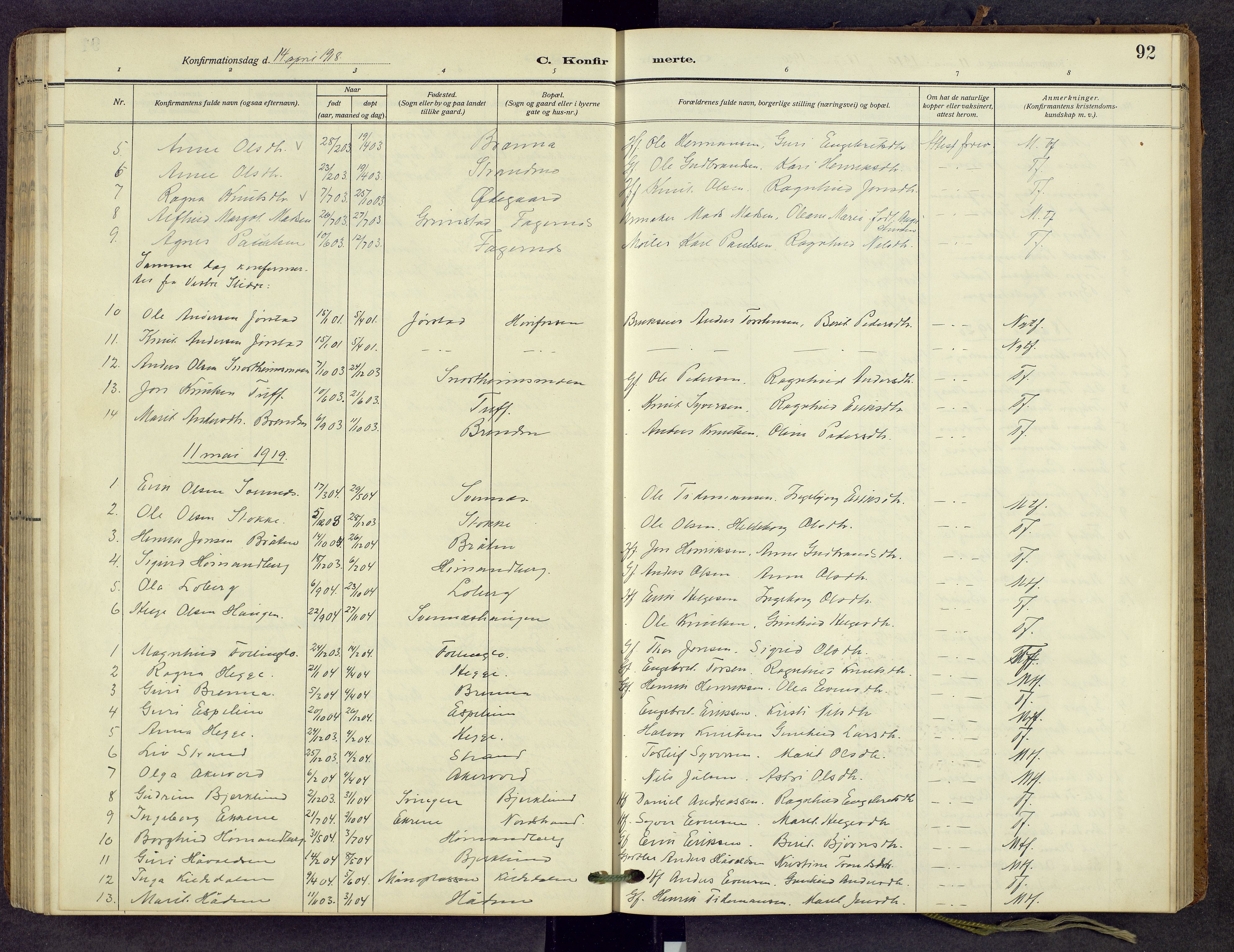 Nord-Aurdal prestekontor, SAH/PREST-132/H/Ha/Hab/L0013: Parish register (copy) no. 13, 1911-1948, p. 92
