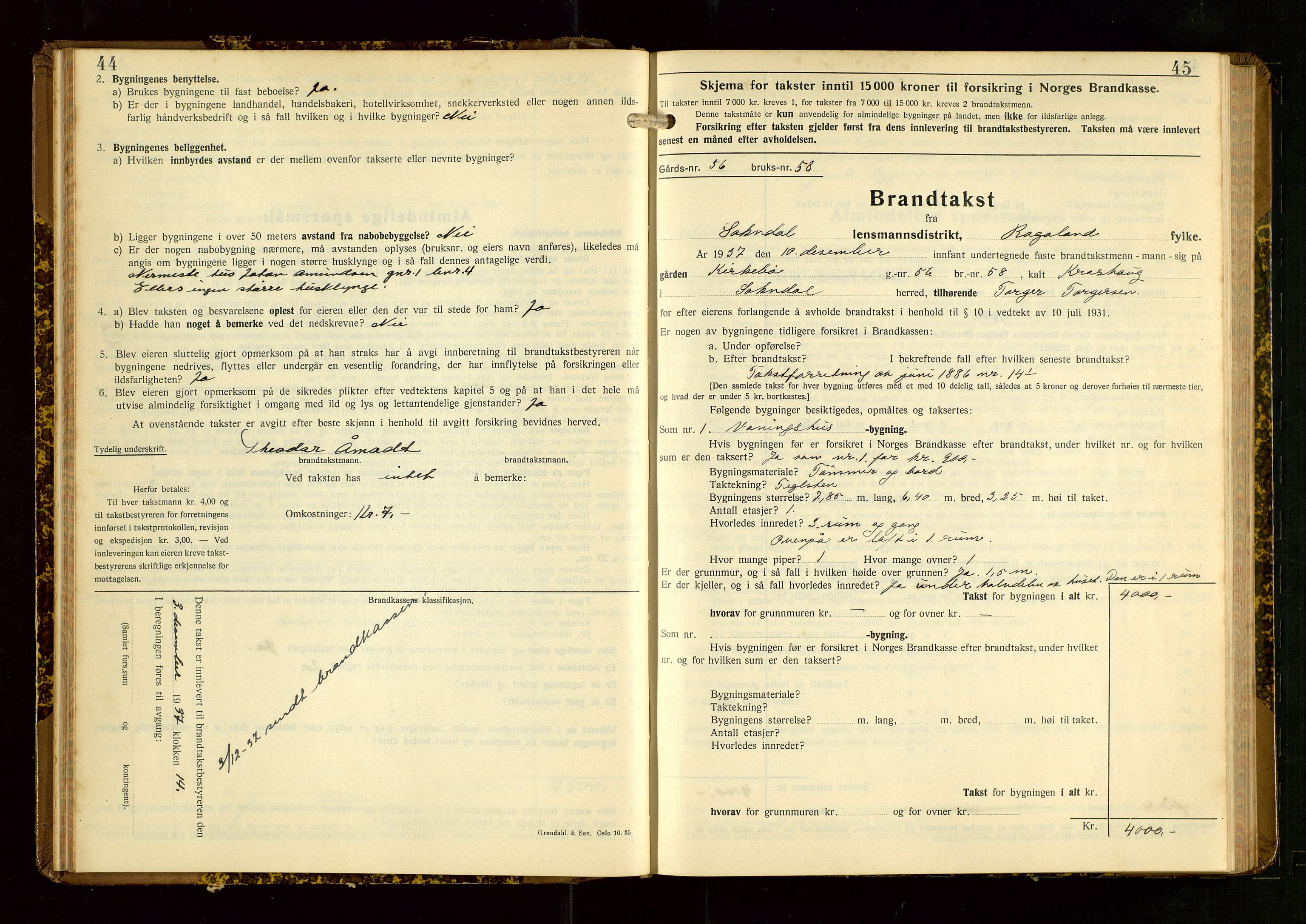 Sokndal lensmannskontor, AV/SAST-A-100417/Gob/L0008: "Brandtakst-Protokoll", 1937-1955, p. 44-45