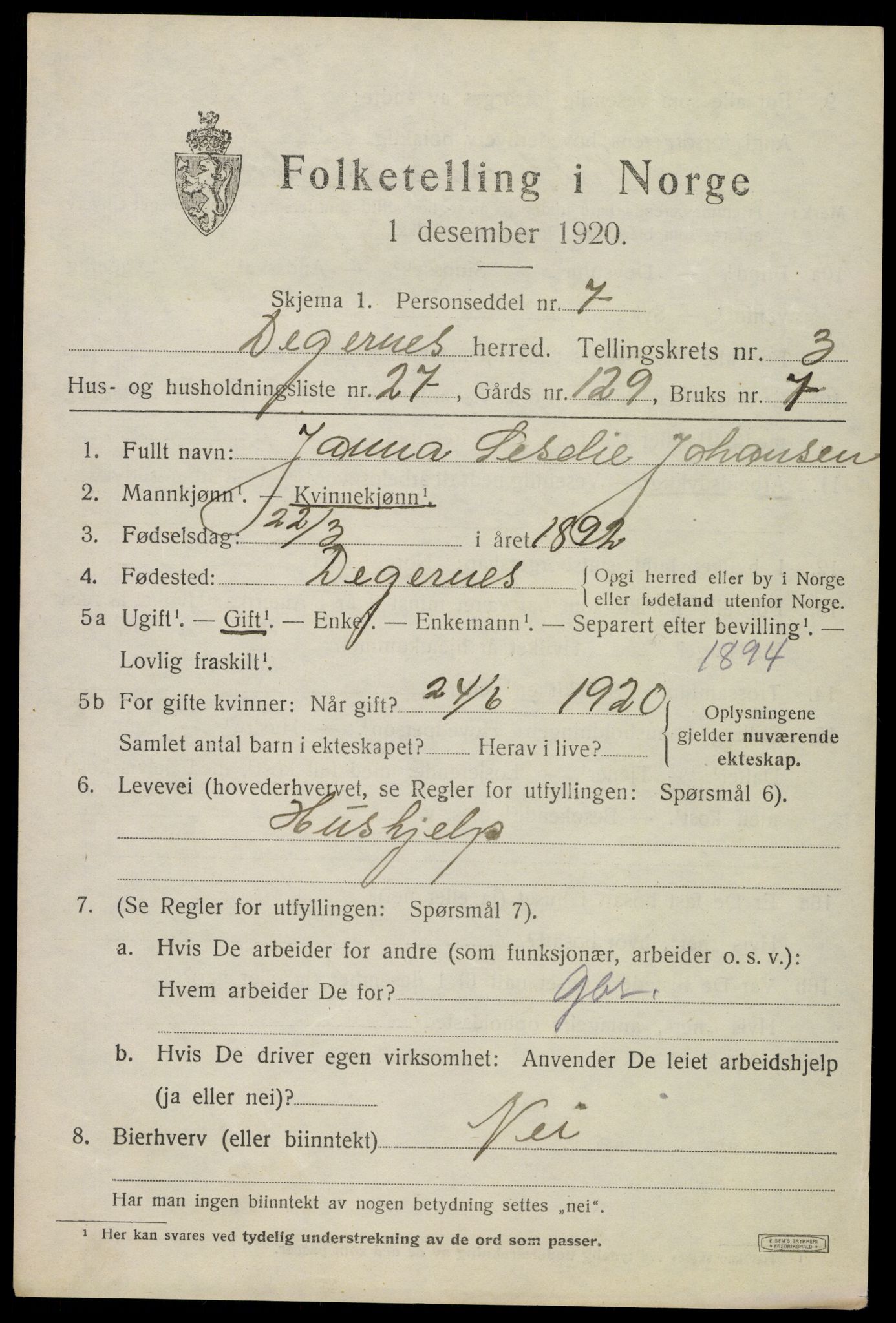 SAO, 1920 census for Degernes, 1920, p. 2326