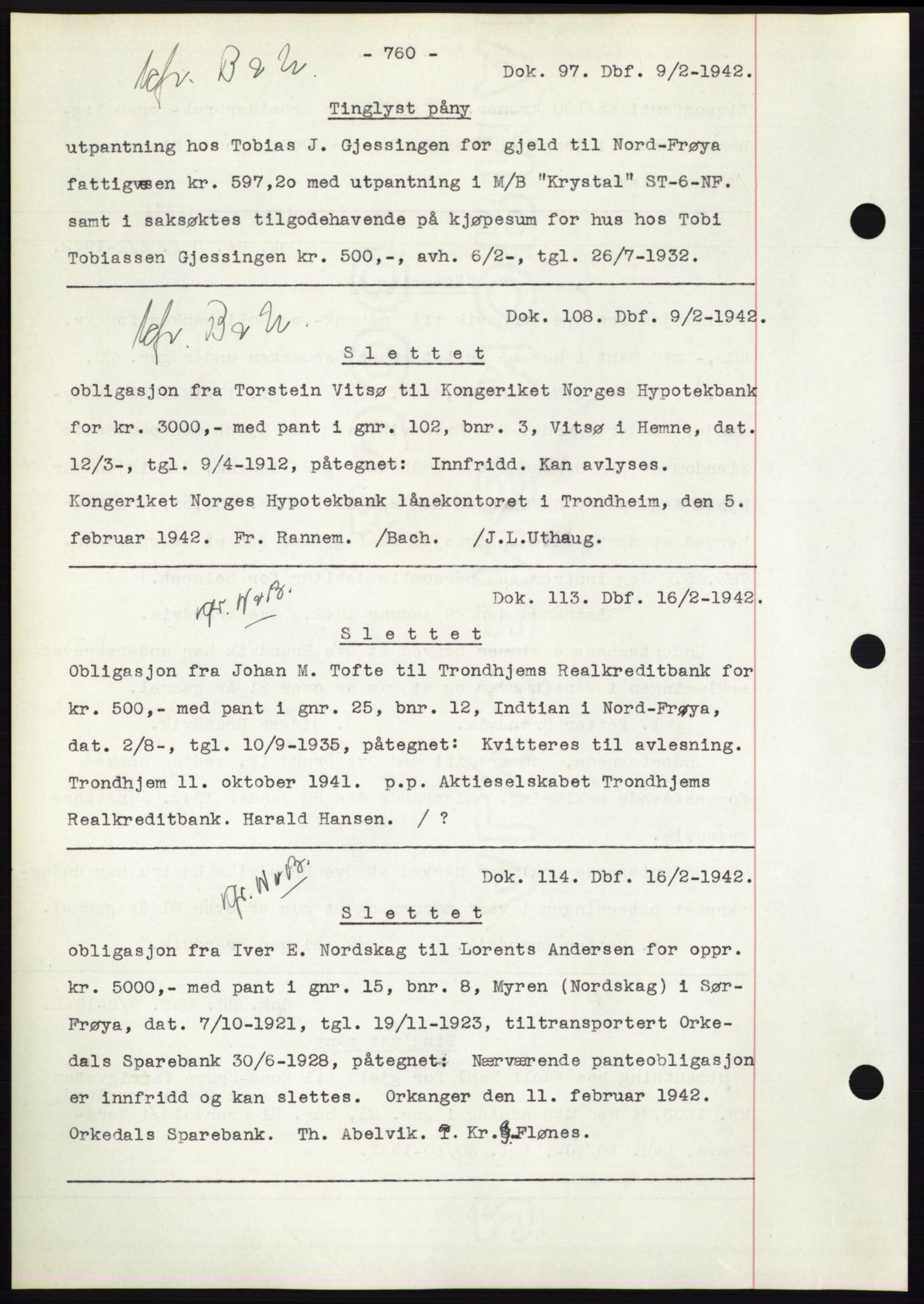 Hitra sorenskriveri, AV/SAT-A-0018/2/2C/2Ca: Mortgage book no. C1, 1936-1945, Diary no: : 97/1942