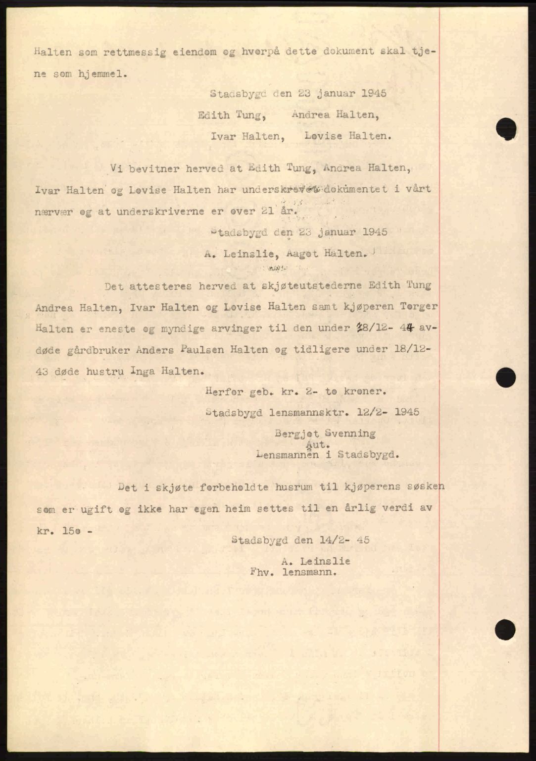 Fosen sorenskriveri, AV/SAT-A-1107/1/2/2C: Mortgage book no. A3, 1943-1945, Diary no: : 212/1945