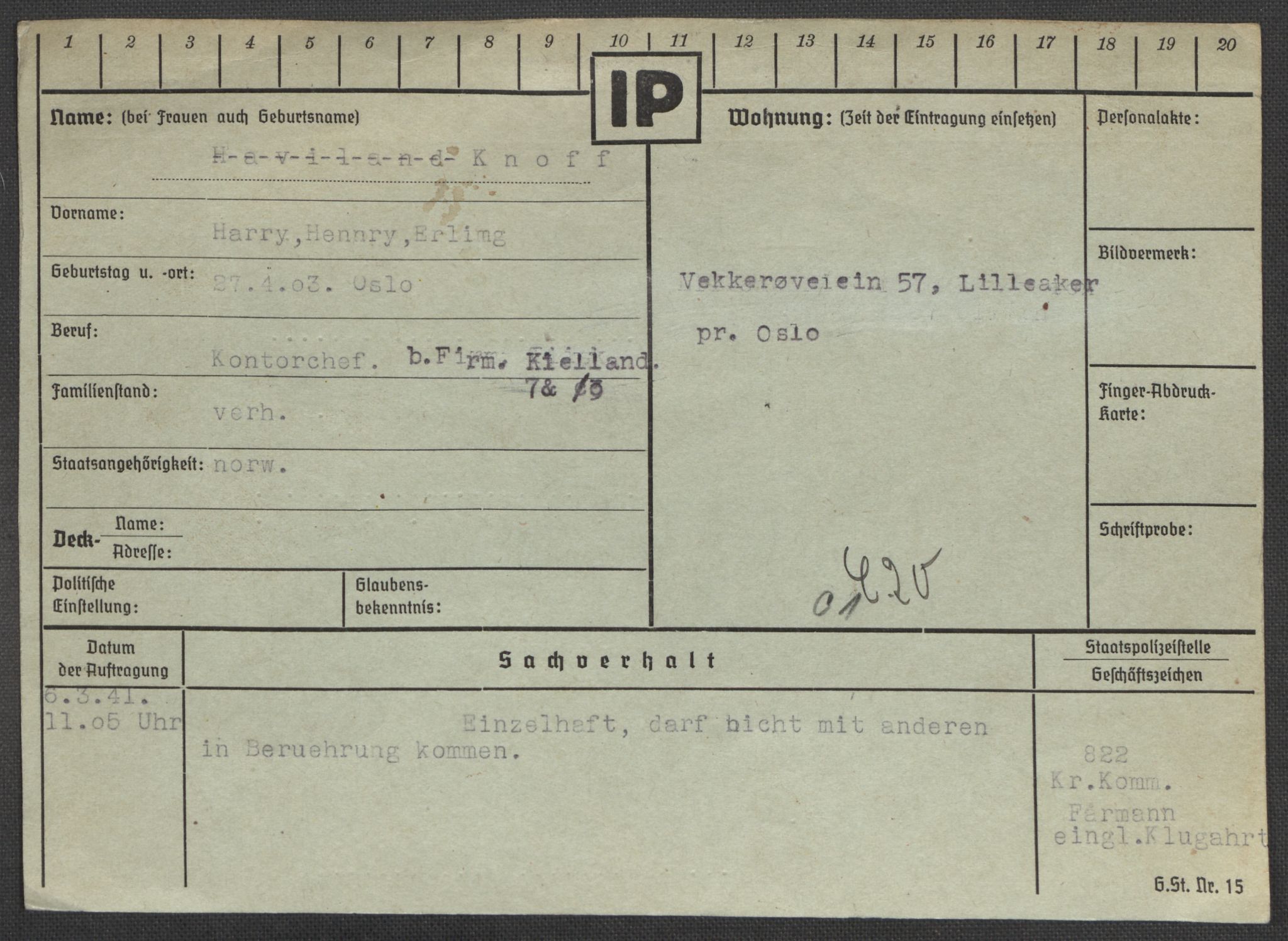 Befehlshaber der Sicherheitspolizei und des SD, RA/RAFA-5969/E/Ea/Eaa/L0006: Register over norske fanger i Møllergata 19: Kj-Lund, 1940-1945, p. 140