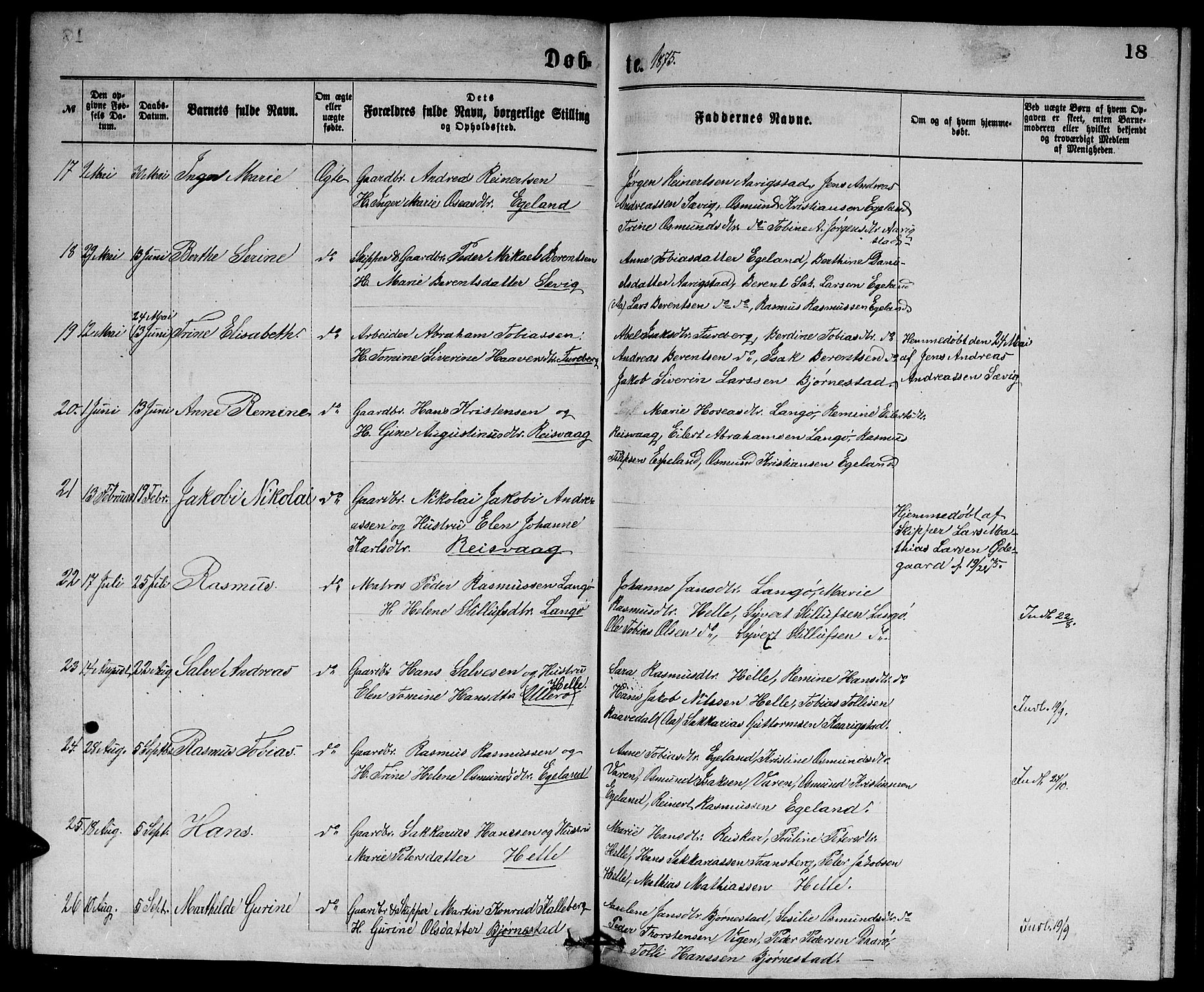 Herad sokneprestkontor, AV/SAK-1111-0018/F/Fb/Fbb/L0003: Parish register (copy) no. B 3, 1872-1889, p. 18