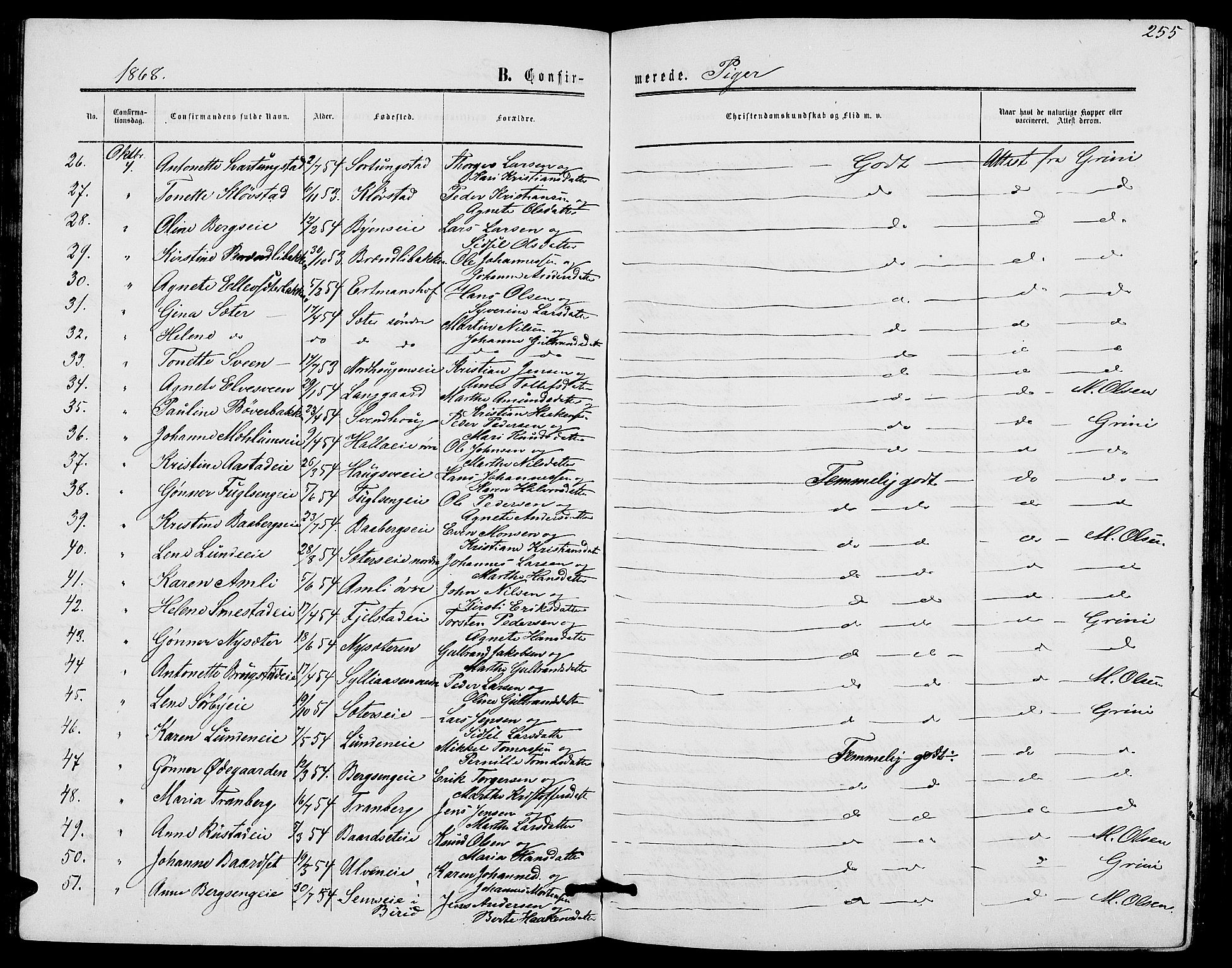 Ringsaker prestekontor, SAH/PREST-014/L/La/L0007: Parish register (copy) no. 7, 1861-1869, p. 255