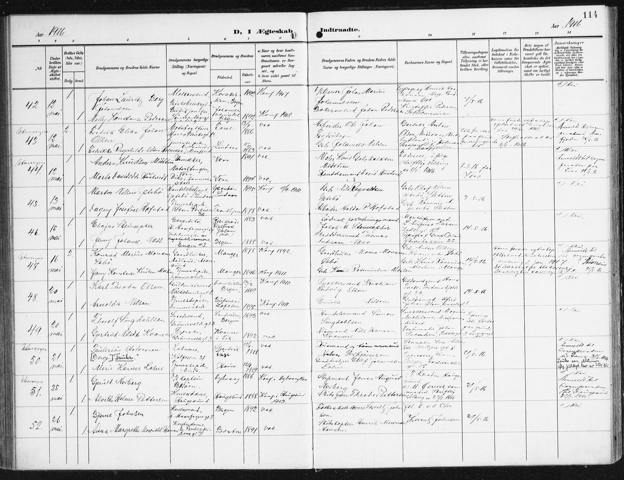 Domkirken sokneprestembete, SAB/A-74801/H/Haa/L0038: Parish register (official) no. D 5, 1906-1921, p. 114