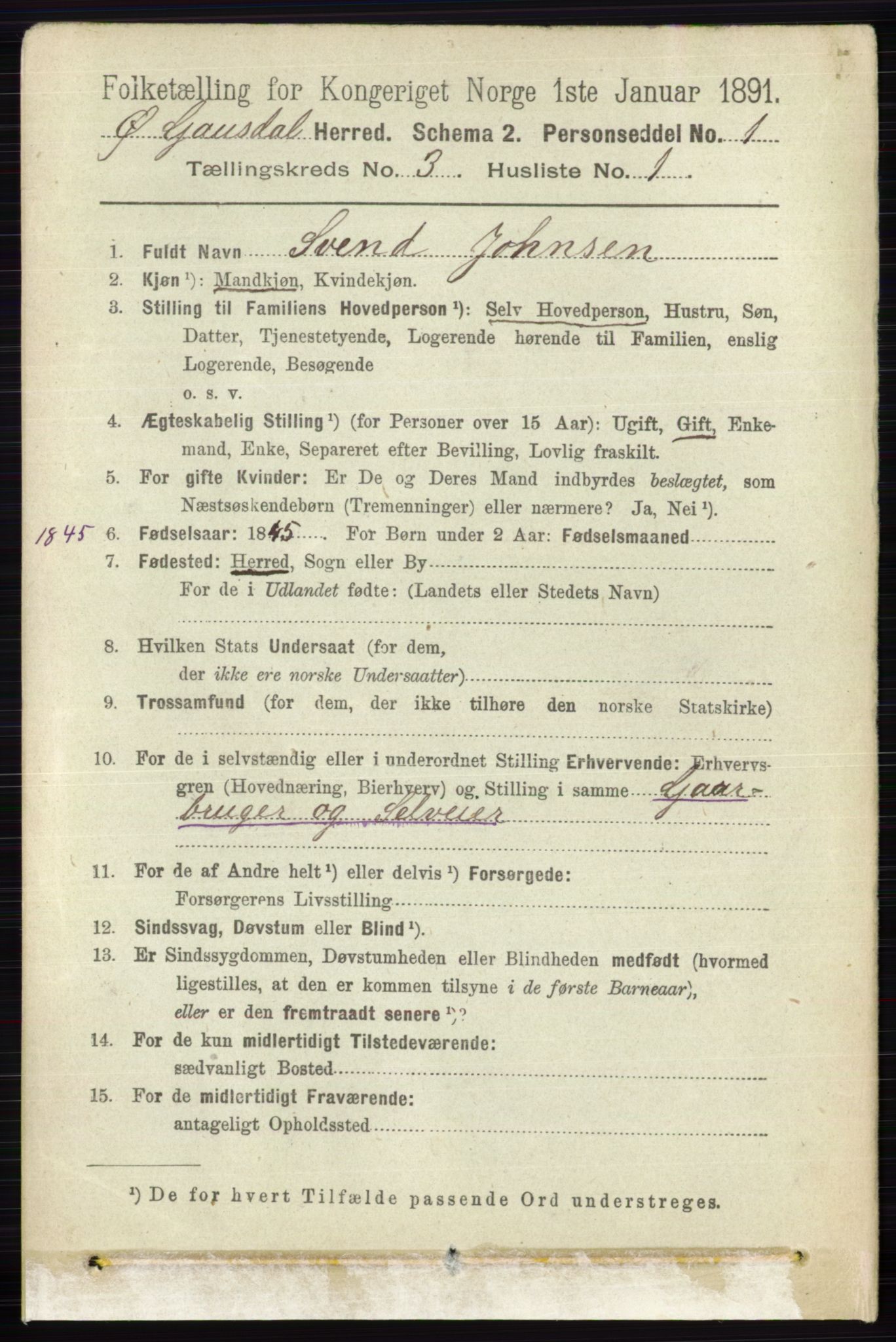 RA, 1891 census for 0522 Østre Gausdal, 1891, p. 1704