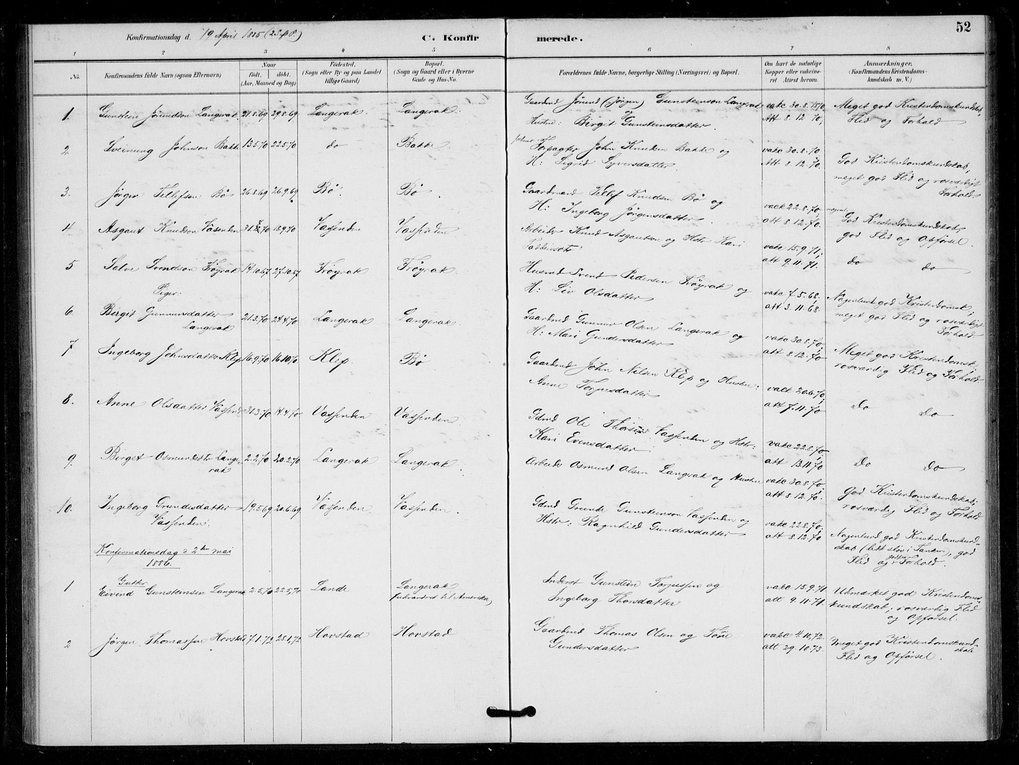 Bygland sokneprestkontor, SAK/1111-0006/F/Fa/Fad/L0001: Parish register (official) no. A 1, 1885-1906, p. 52