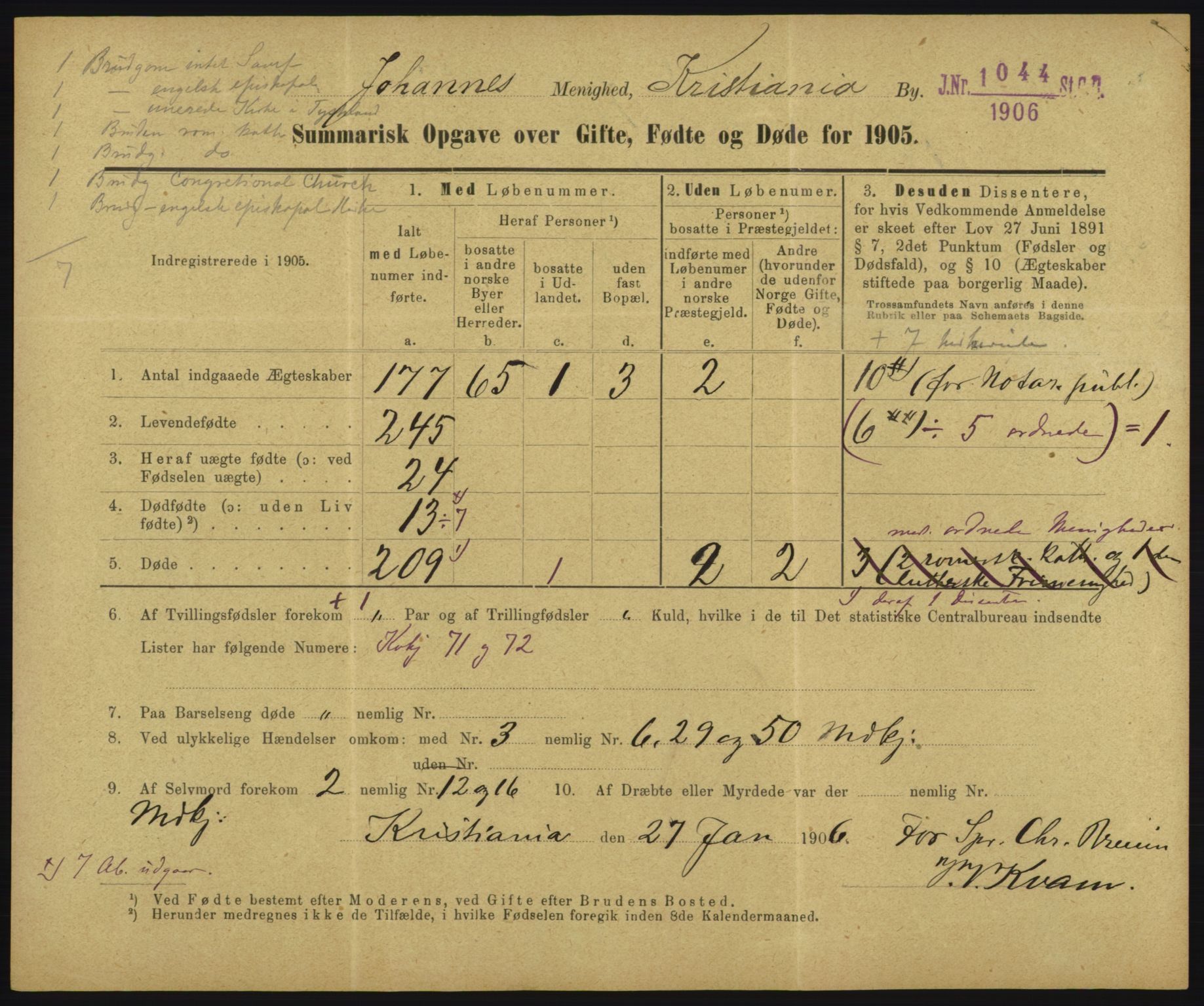 Statistisk sentralbyrå, Sosiodemografiske emner, Befolkning, RA/S-2228/D/Df/Dfa/Dfac/L0048: Summariske oppgaver over gifte, fødte, døde. Byer., 1905, p. 23