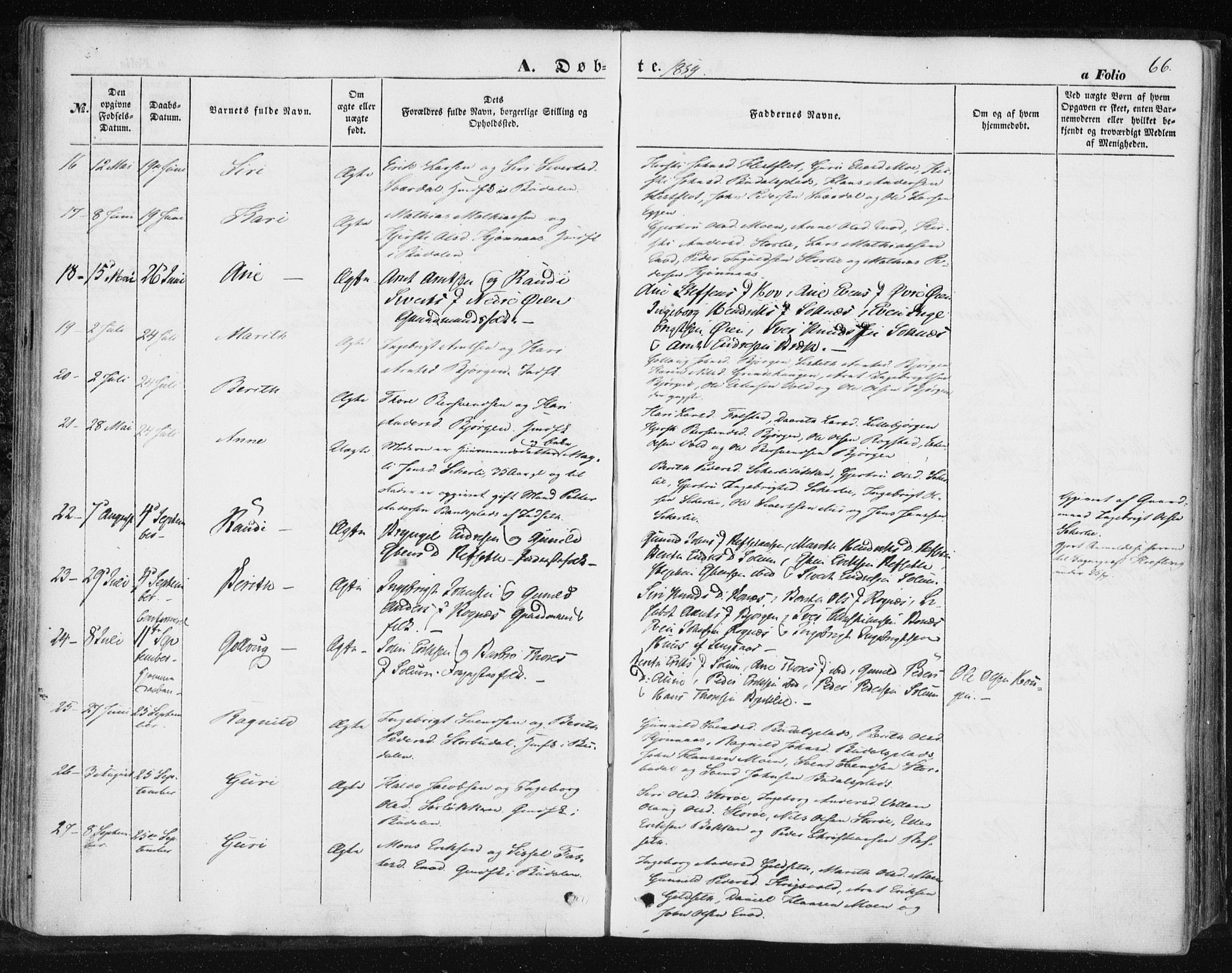 Ministerialprotokoller, klokkerbøker og fødselsregistre - Sør-Trøndelag, SAT/A-1456/687/L1000: Parish register (official) no. 687A06, 1848-1869, p. 66