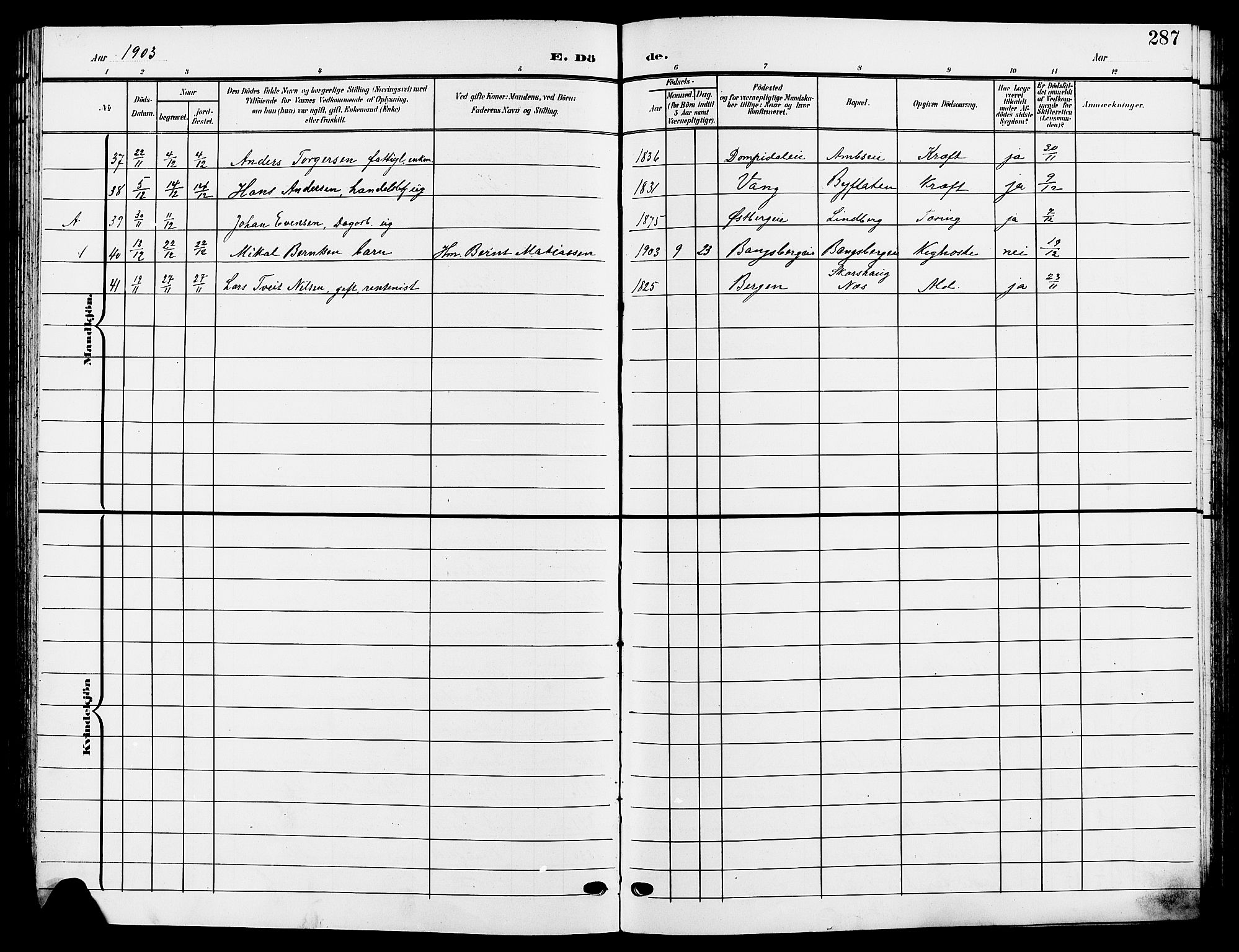 Ringsaker prestekontor, AV/SAH-PREST-014/L/La/L0015: Parish register (copy) no. 15, 1903-1912, p. 287