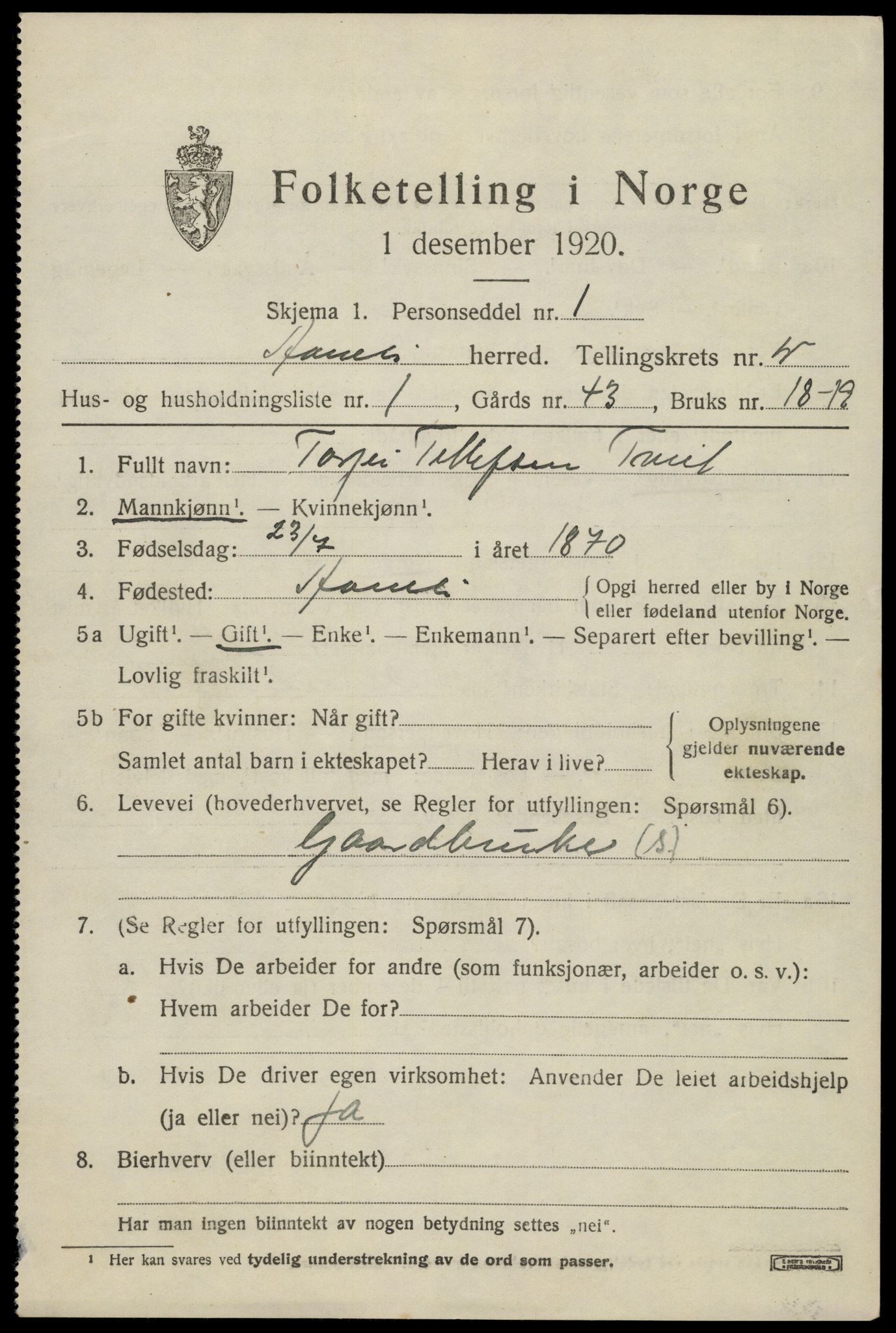 SAK, 1920 census for Åmli, 1920, p. 2259