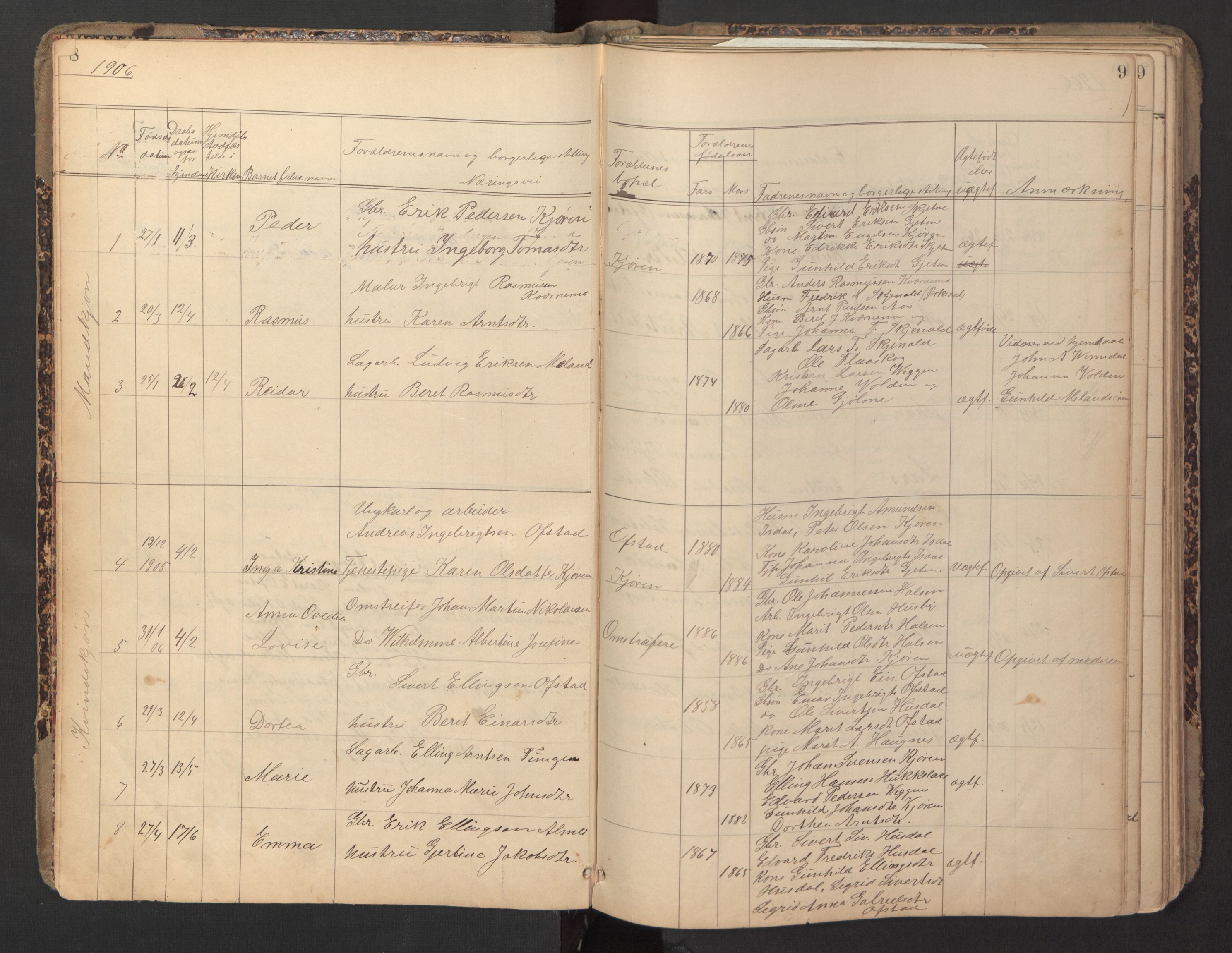 Ministerialprotokoller, klokkerbøker og fødselsregistre - Sør-Trøndelag, SAT/A-1456/670/L0837: Parish register (copy) no. 670C01, 1905-1946, p. 8-9