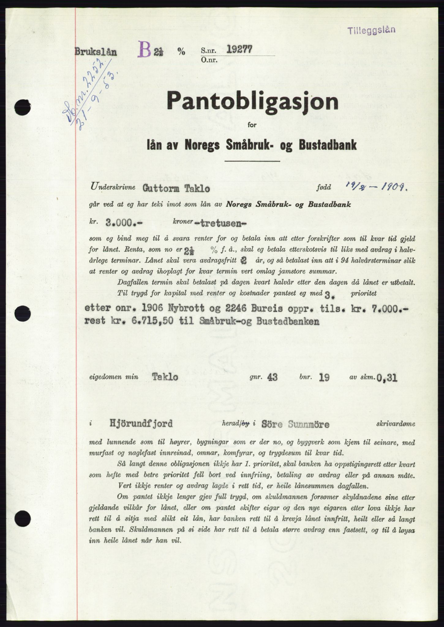 Søre Sunnmøre sorenskriveri, SAT/A-4122/1/2/2C/L0123: Mortgage book no. 11B, 1953-1953, Diary no: : 2252/1953