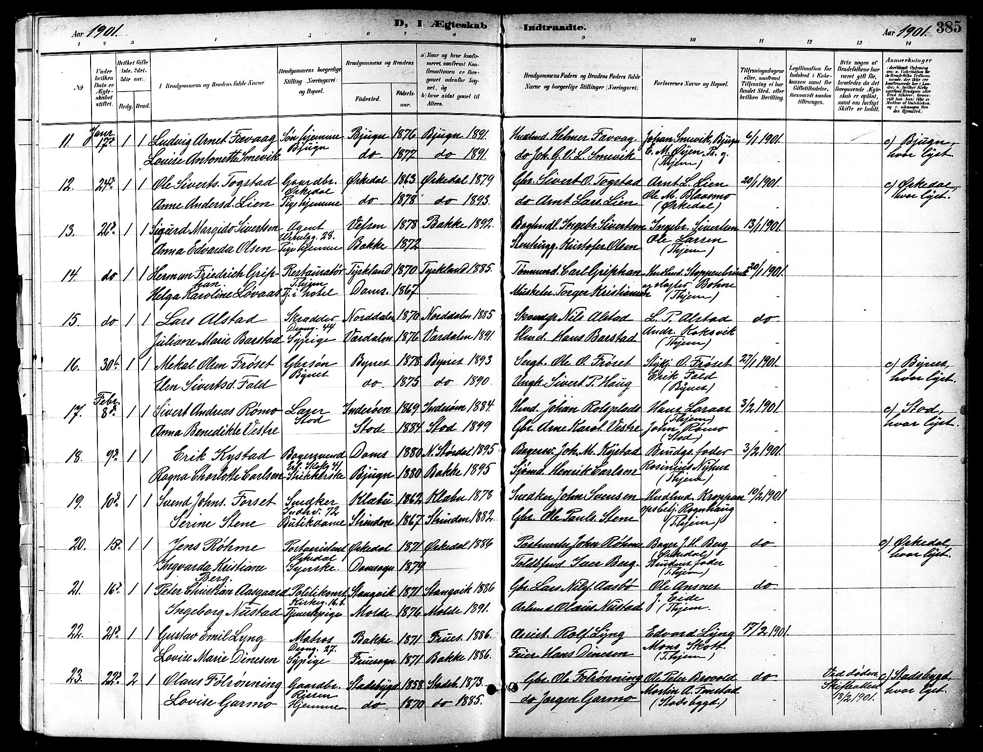 Ministerialprotokoller, klokkerbøker og fødselsregistre - Sør-Trøndelag, SAT/A-1456/601/L0094: Parish register (copy) no. 601C12, 1898-1911, p. 385