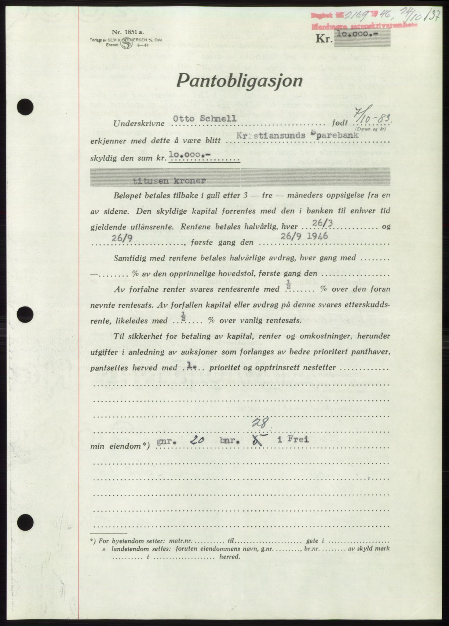 Nordmøre sorenskriveri, AV/SAT-A-4132/1/2/2Ca: Mortgage book no. B95, 1946-1947, Diary no: : 2169/1946