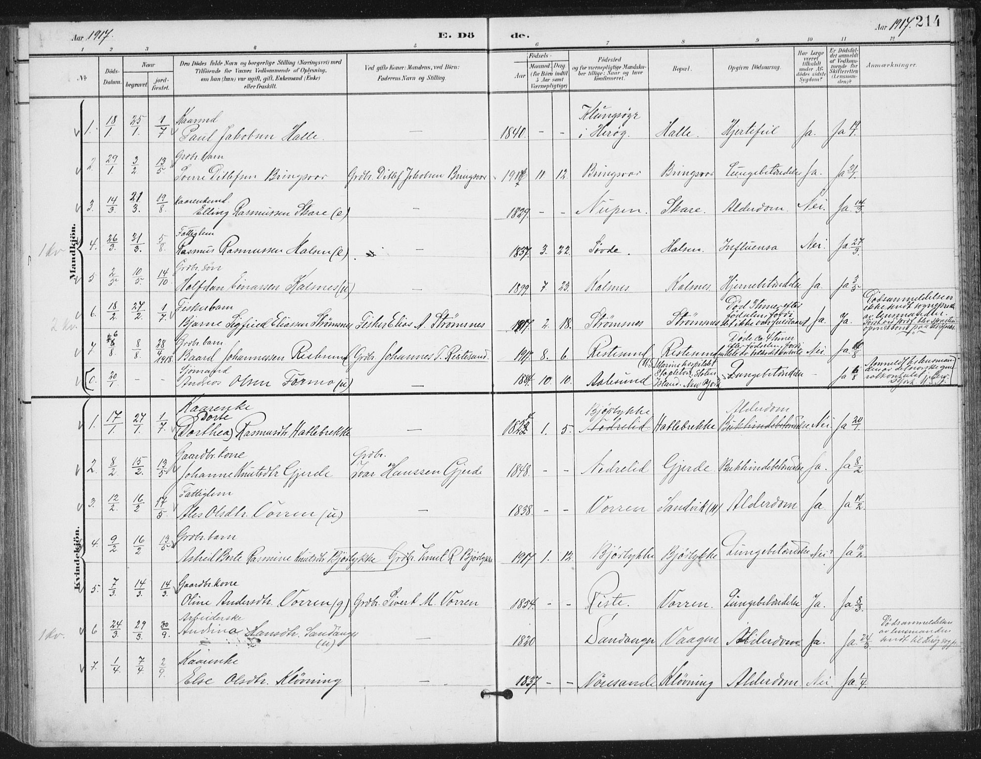Ministerialprotokoller, klokkerbøker og fødselsregistre - Møre og Romsdal, AV/SAT-A-1454/503/L0038: Parish register (official) no. 503A06, 1901-1917, p. 214